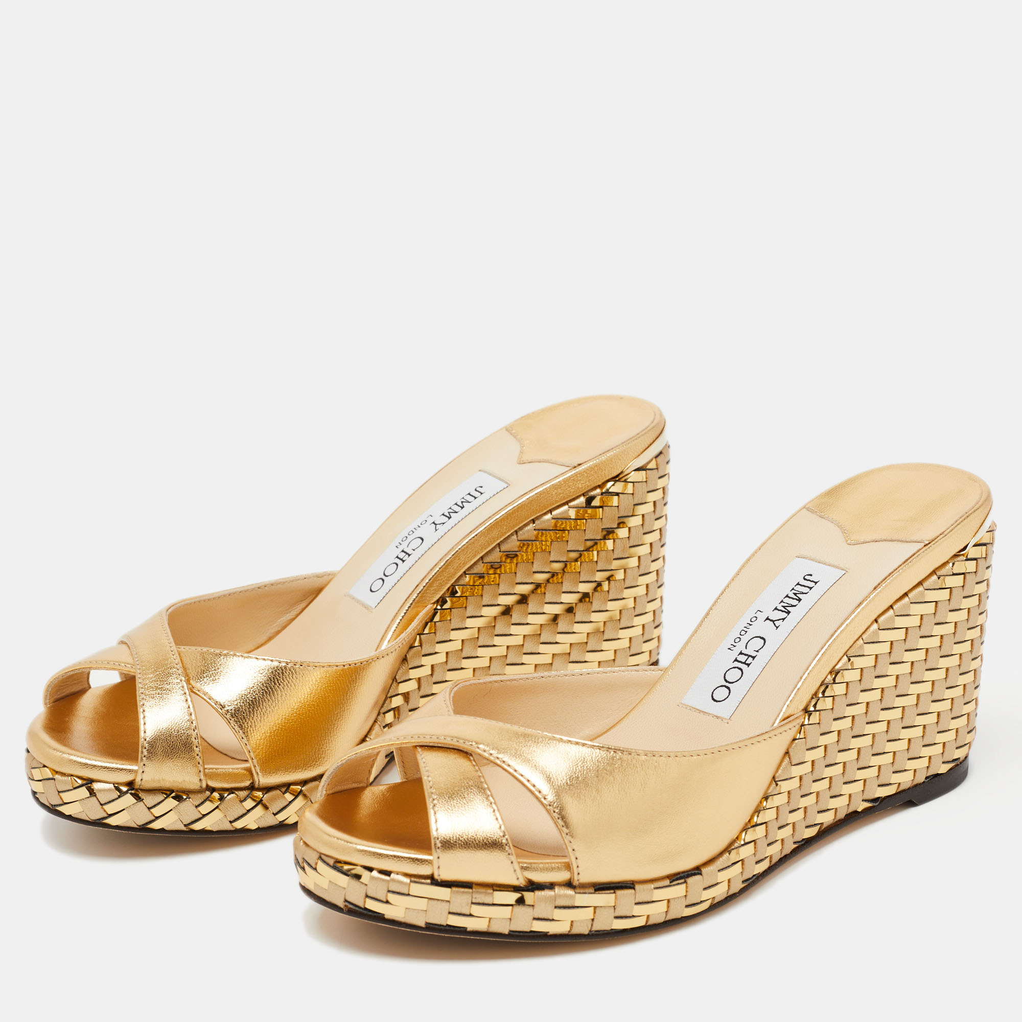 

Jimmy Choo Metallic Gold Leather Prima Sandals Size