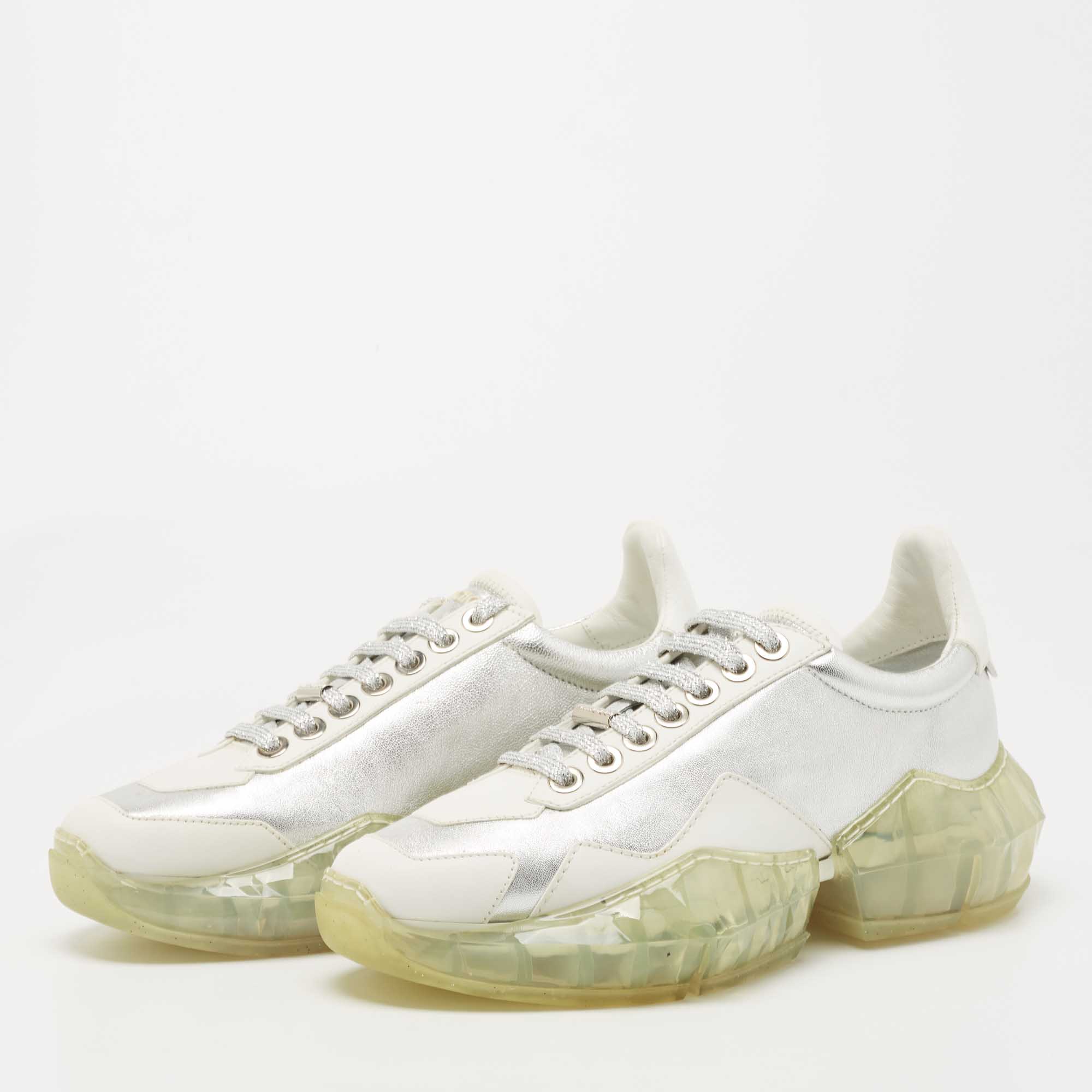 

Jimmy Choo Silver/White Leather Diamond Sneakers Size
