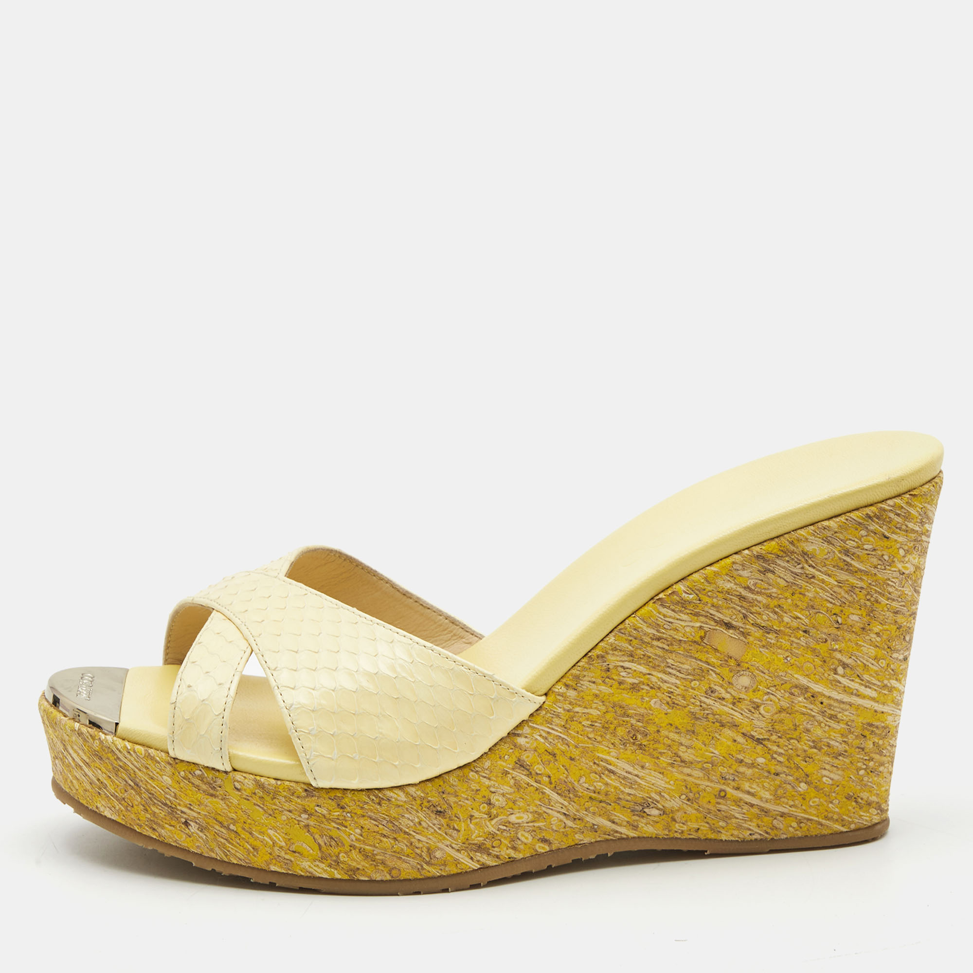 Pre-owned Jimmy Choo Yellow Python Leather Prima Wedge Sandals Size 38.5