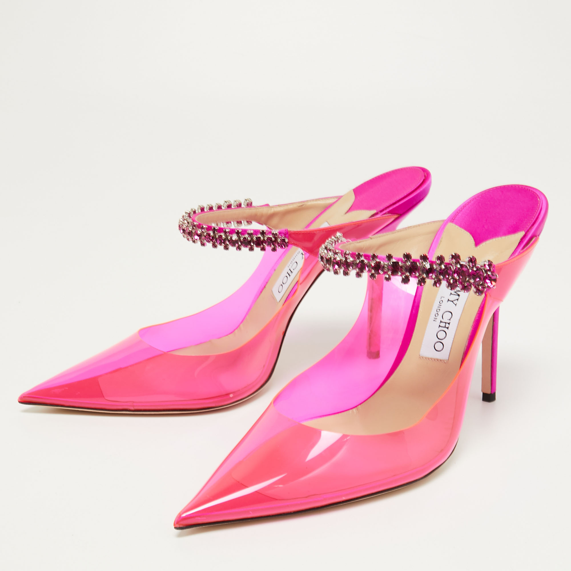 

Jimmy Choo Pink PVC and Satin Bing Crystal Embellished Pointed Toe Sandals Size