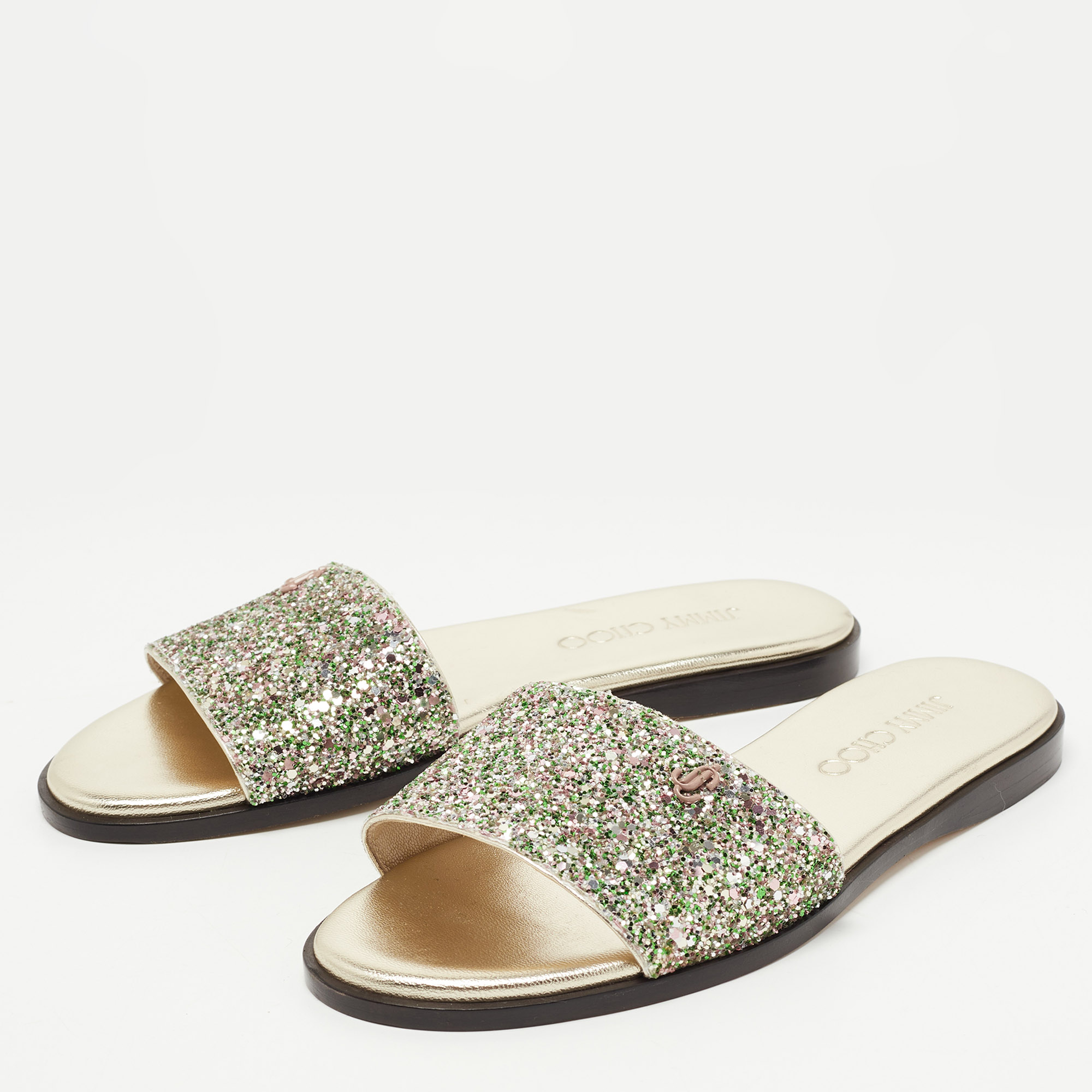 

Jimmy Choo Multicolor Glitter Minea JC Flat Slides Size