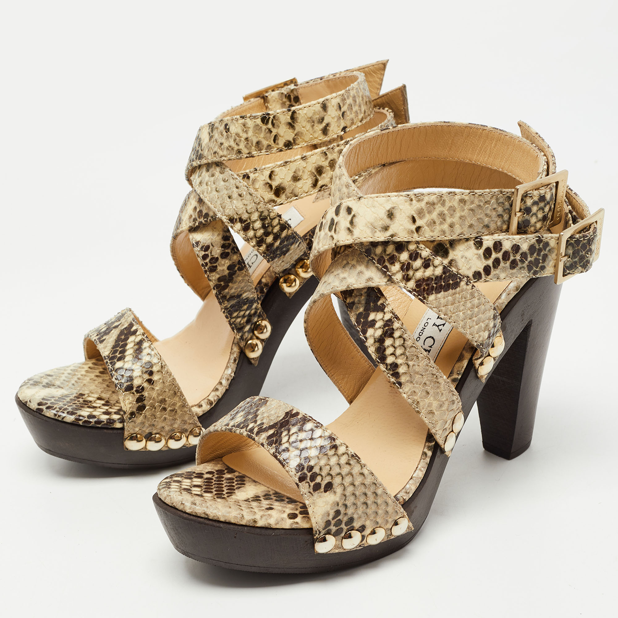 

Jimmy Choo Brown/Beige Python Embossed Leather Ankle Wrap Sandals Size