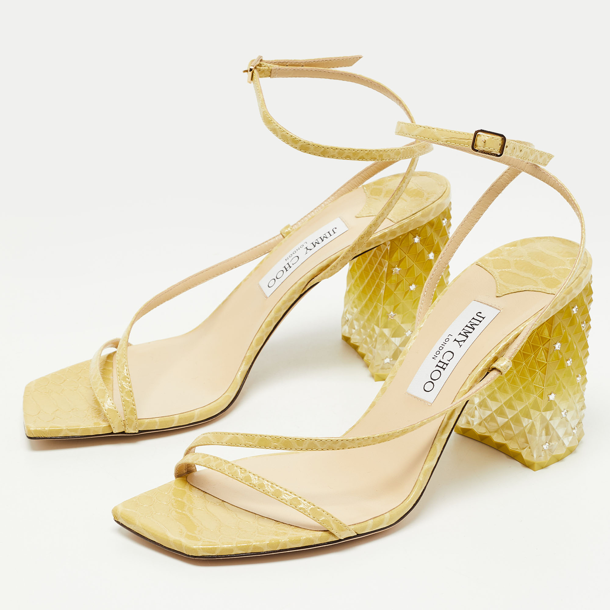 

Jimmy Choo Yellow Python Embossed Leather Art Sandals Size