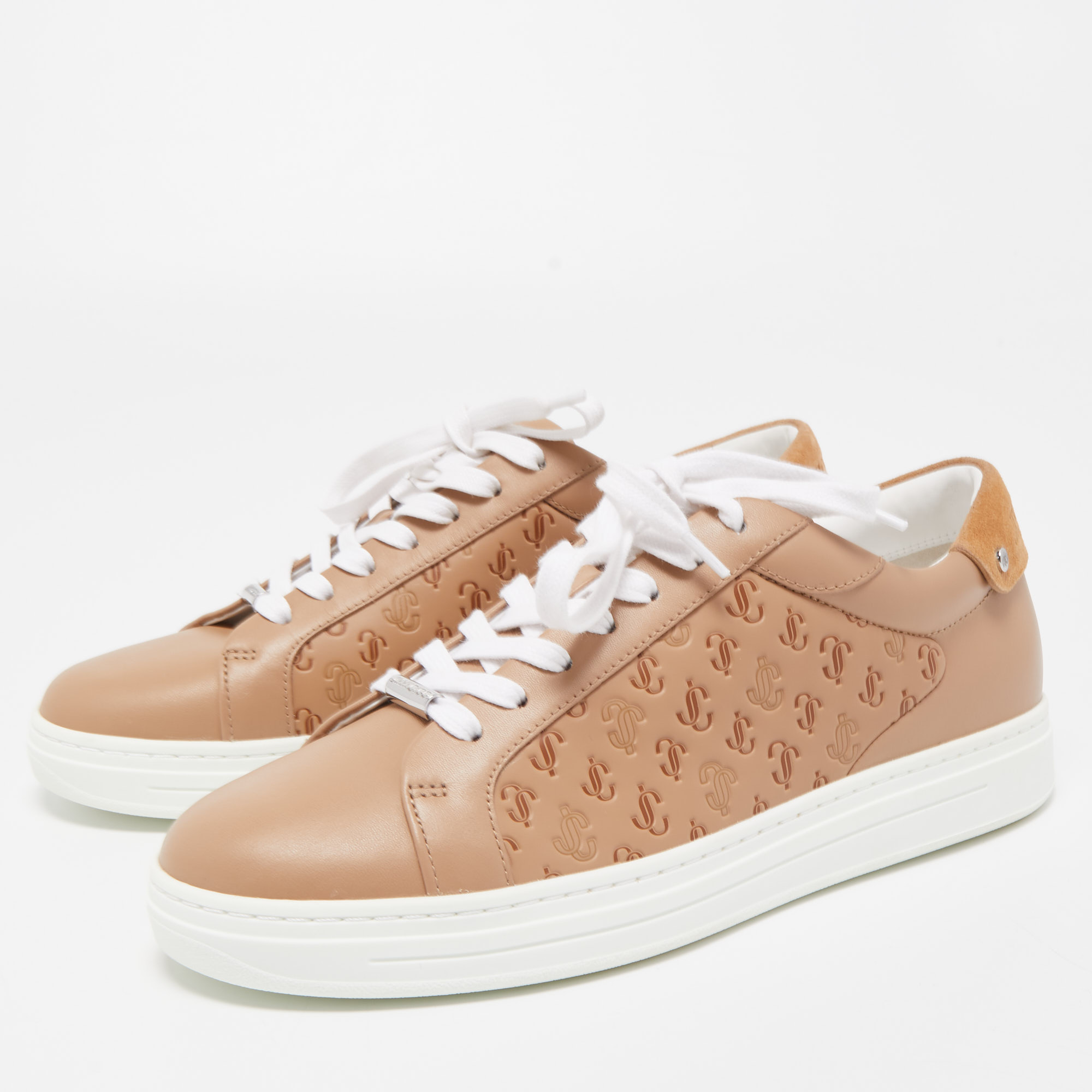 

Jimmy Choo Brown Monogram Leather and Suede Rome/F Low Top Sneakers Size