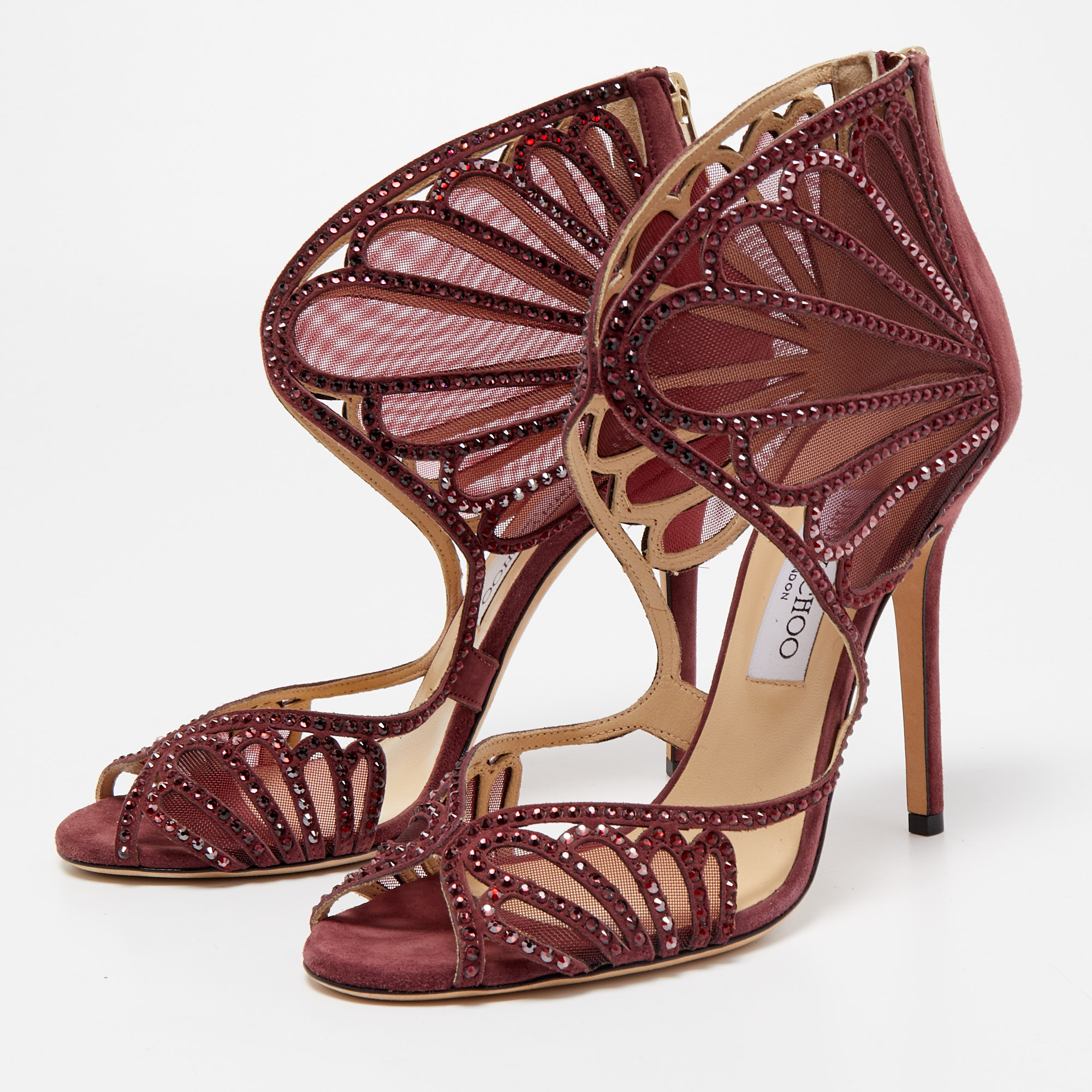 

Jimmy Choo Burgundy Suede and Crystal Embellished Mesh Open Toe Sandals Size