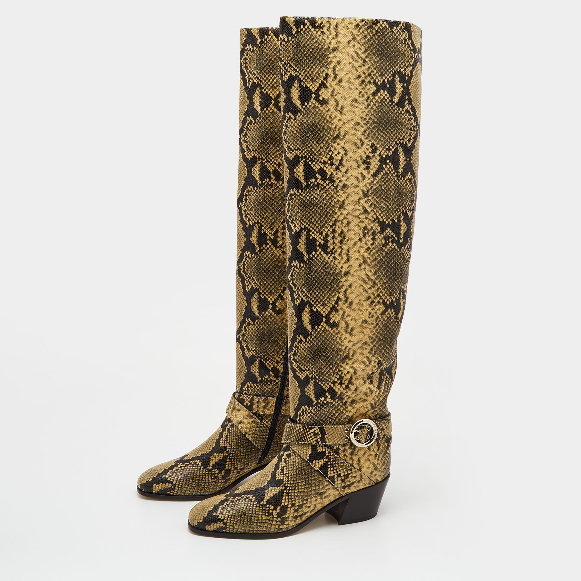 

Jimmy Choo Beige/Black Python Embossed Leather Knee Length Boots Size
