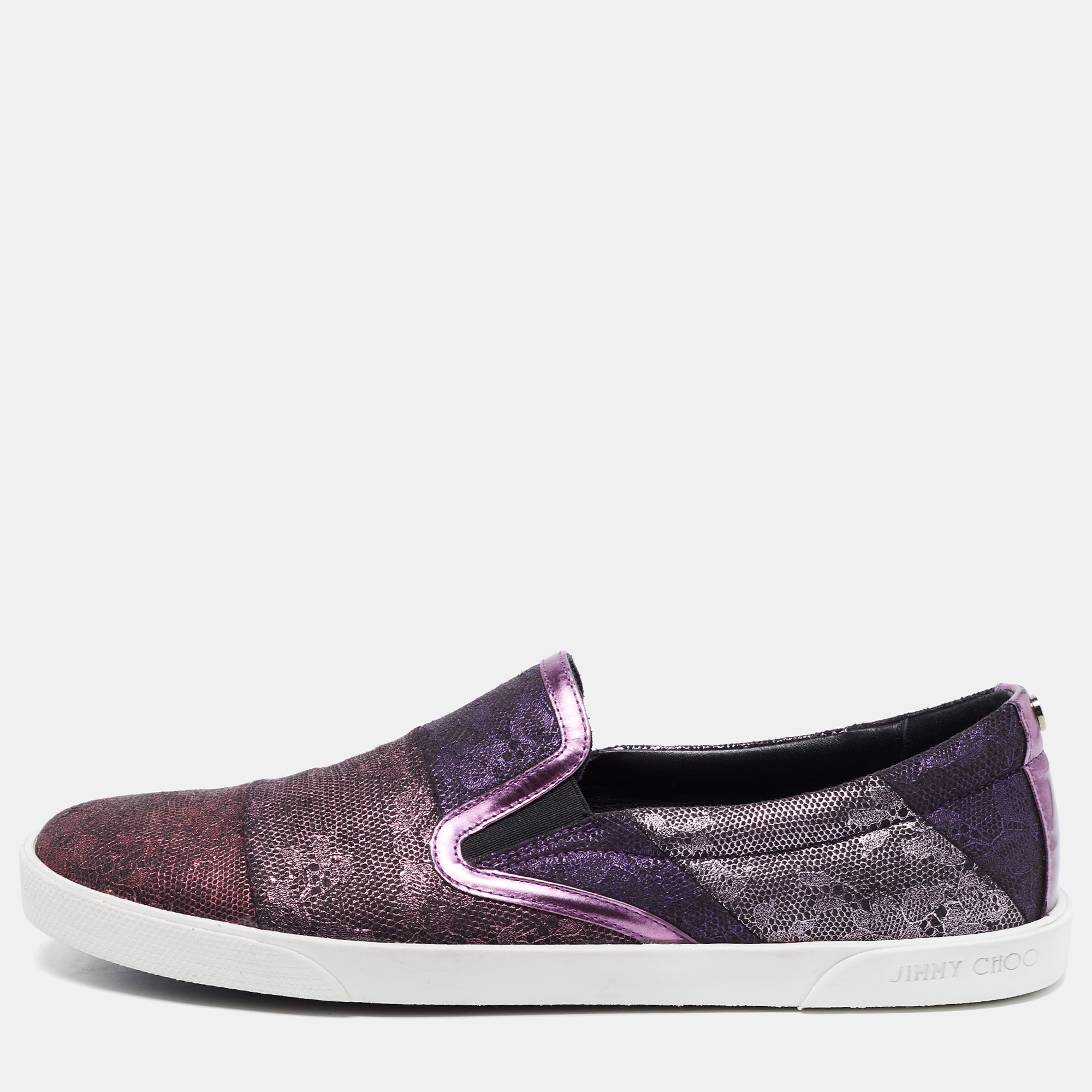 

Jimmy Choo Metallic Purple Lace Embroidered Leather Demi Slip On Sneakers Size