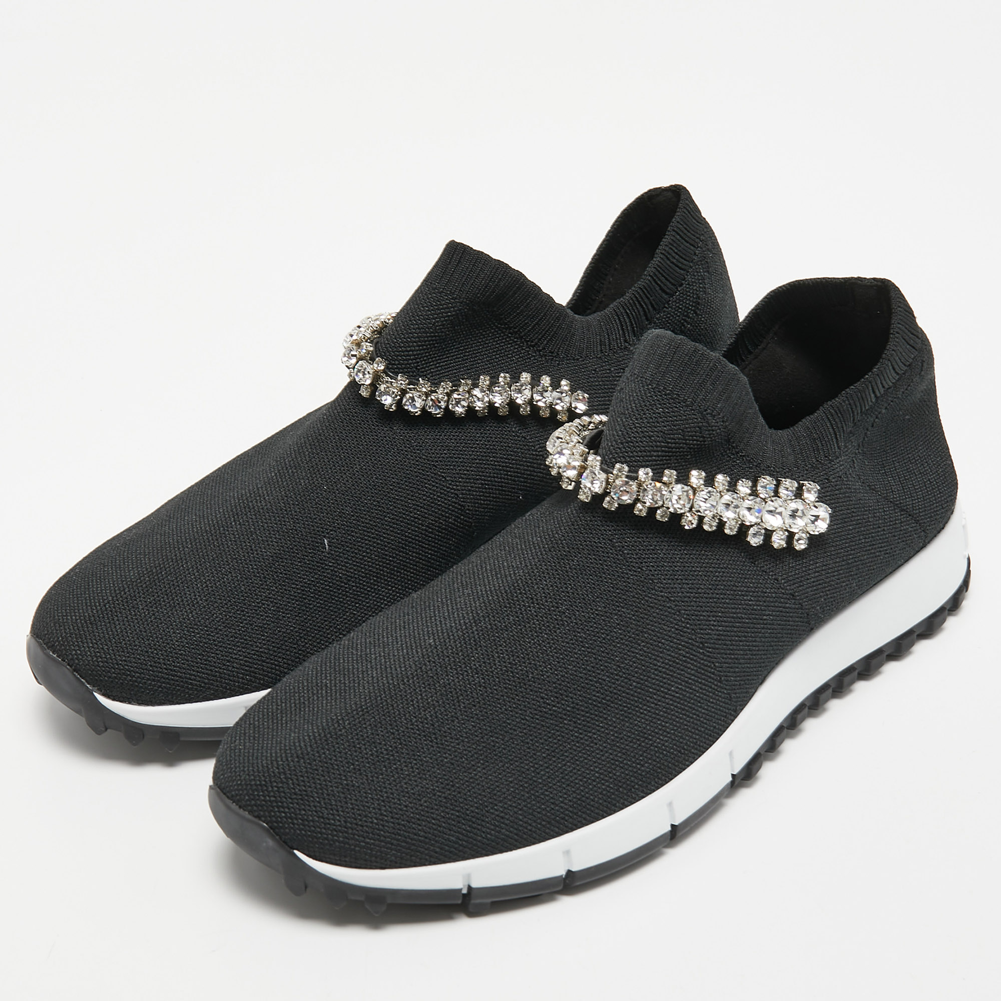 

Jimmy Choo Black Knit Fabric Crystal Embellished Low Top Sneakers Size