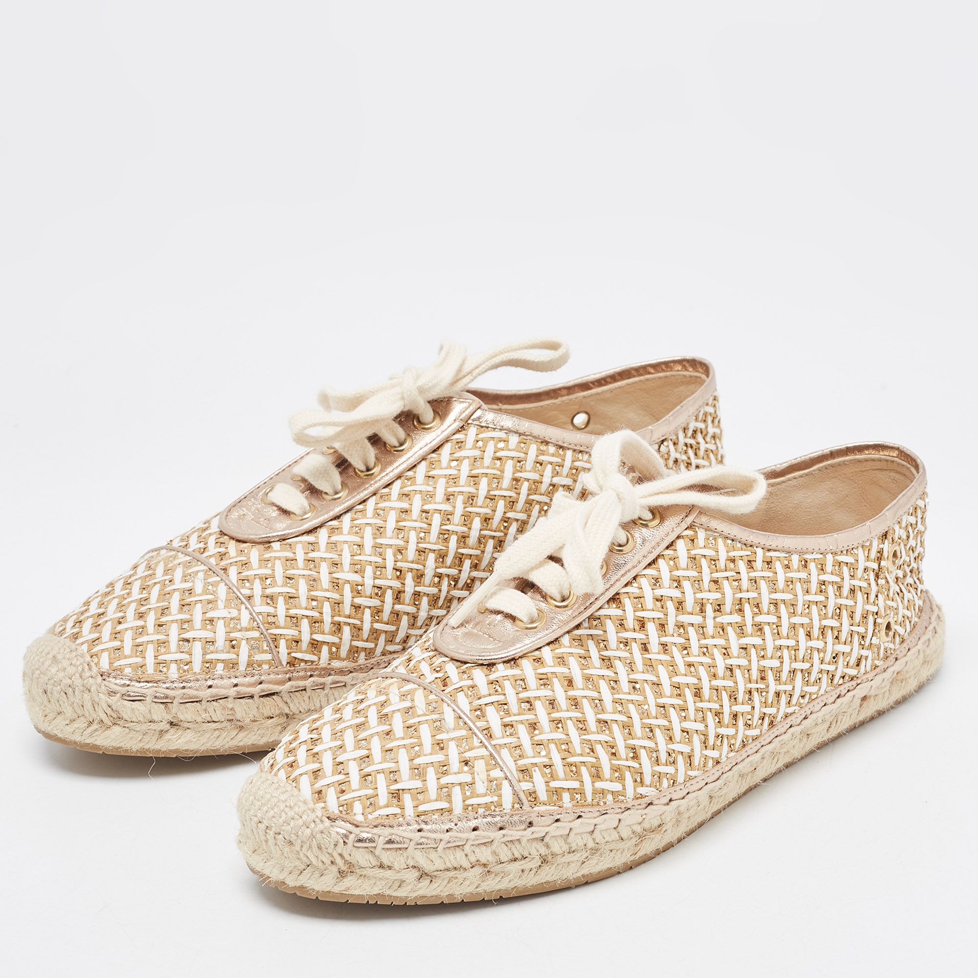 

Jimmy Choo Two Tone Raffia and Glitter Low Top Sneakers Size, Brown