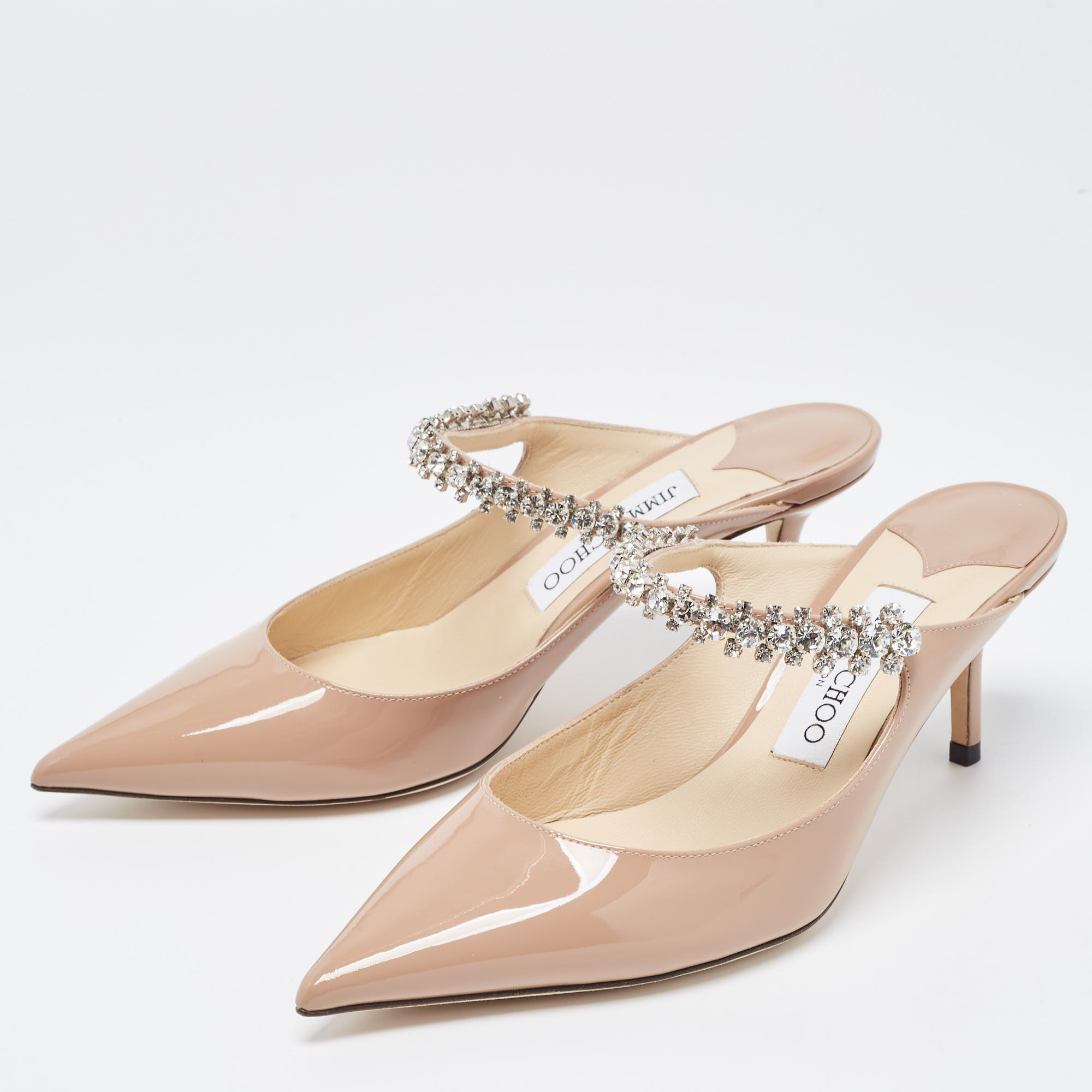 

Jimmy Choo Beige Patent Leather Bing Crystal Embellished Pointed Toe Mules Size