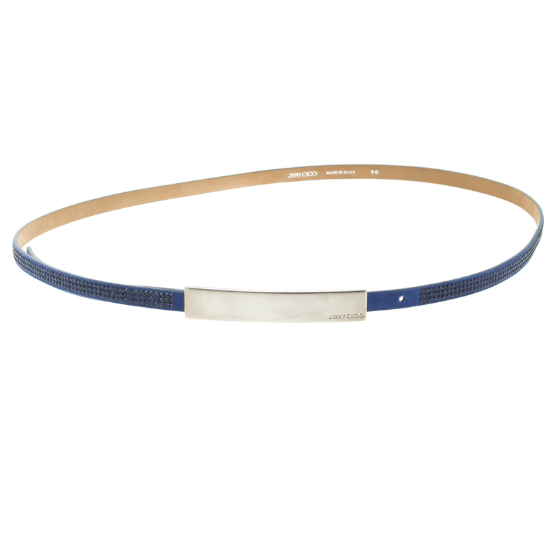 Pre Owned Jimmy Choo Blue Suede Crystal Embellished Blossom Skinny Belt 90 CM