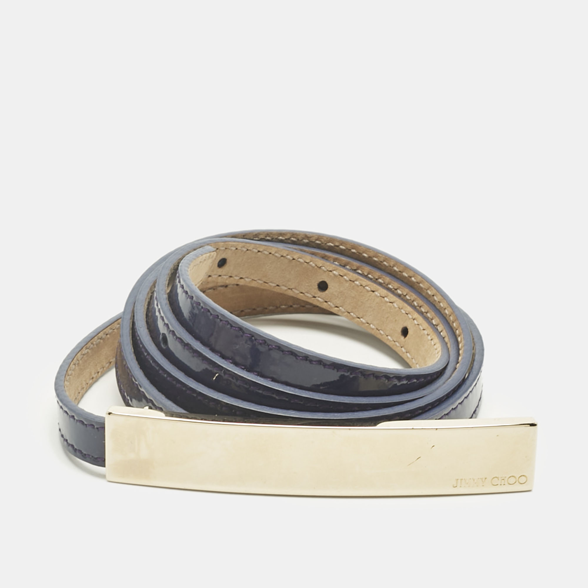 Pre-owned Jimmy Choo Purple Patent Leather Metal Logo Waist Belt 80cm