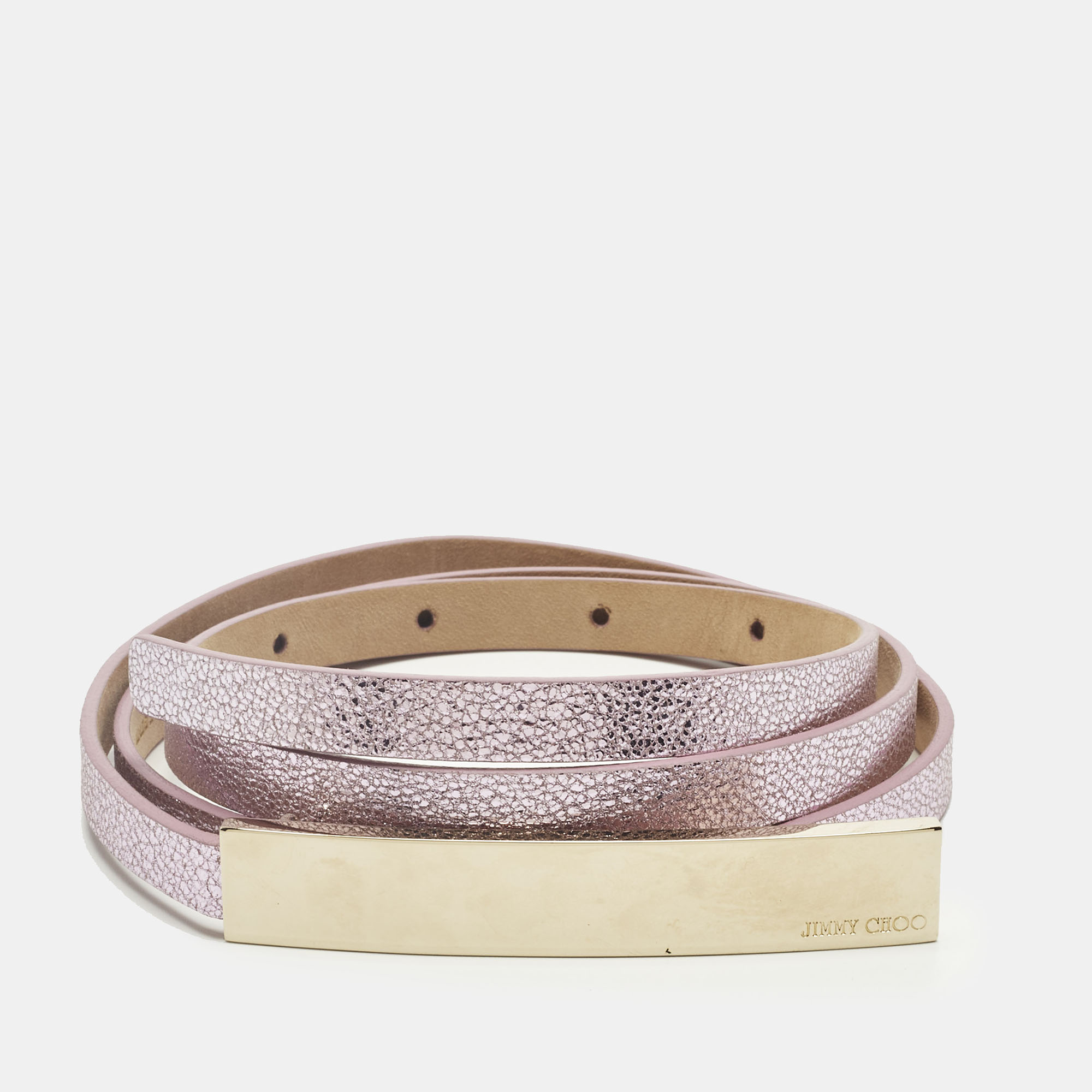 

Jimmy Choo Metallic Pink Leather Logo Metal Slim Waist Belt 85CM