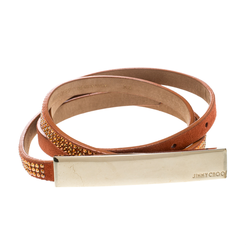 

Jimmy Choo Orange Suede Crystal Embellished Blossom Skinny Belt