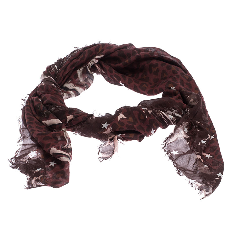 Jimmy Choo Burgundy Leopard Print Fringed Scarf