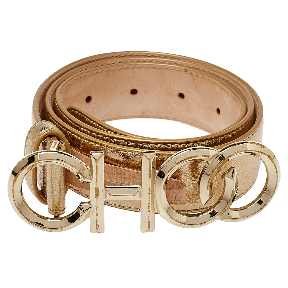 

Jimmy Choo Metallic Gold Leather Choo Logo Buckle Waist Belt Size