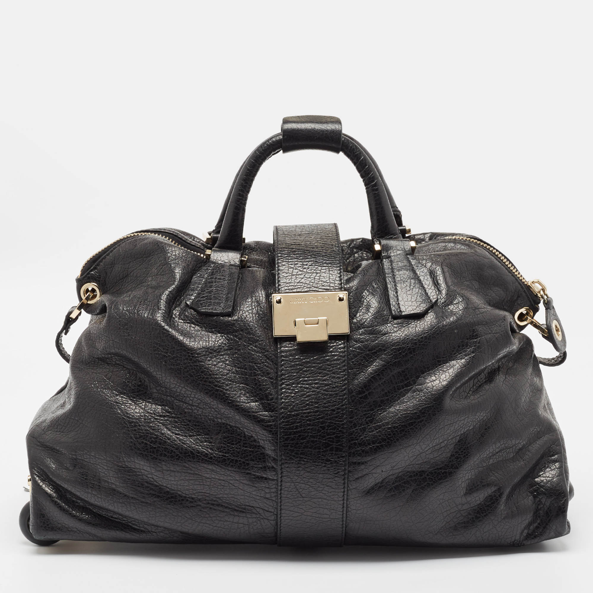 

Jimmy Choo Black Pebbled Leather Rolling Weekender Bag