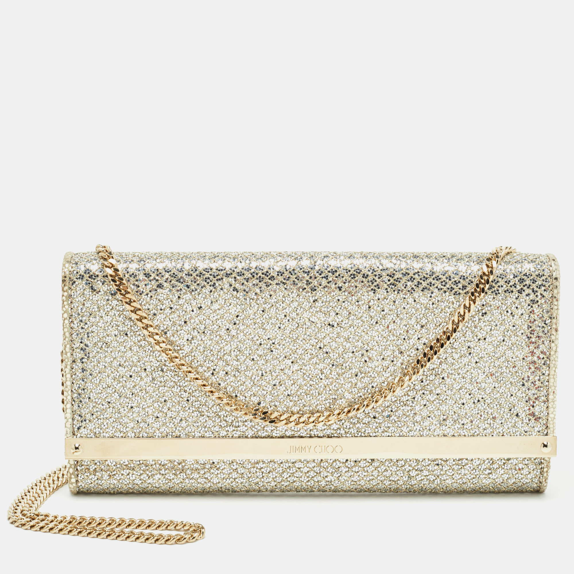 

Jimmy Choo Gold Glitter Fabric Milla Chain Clutch