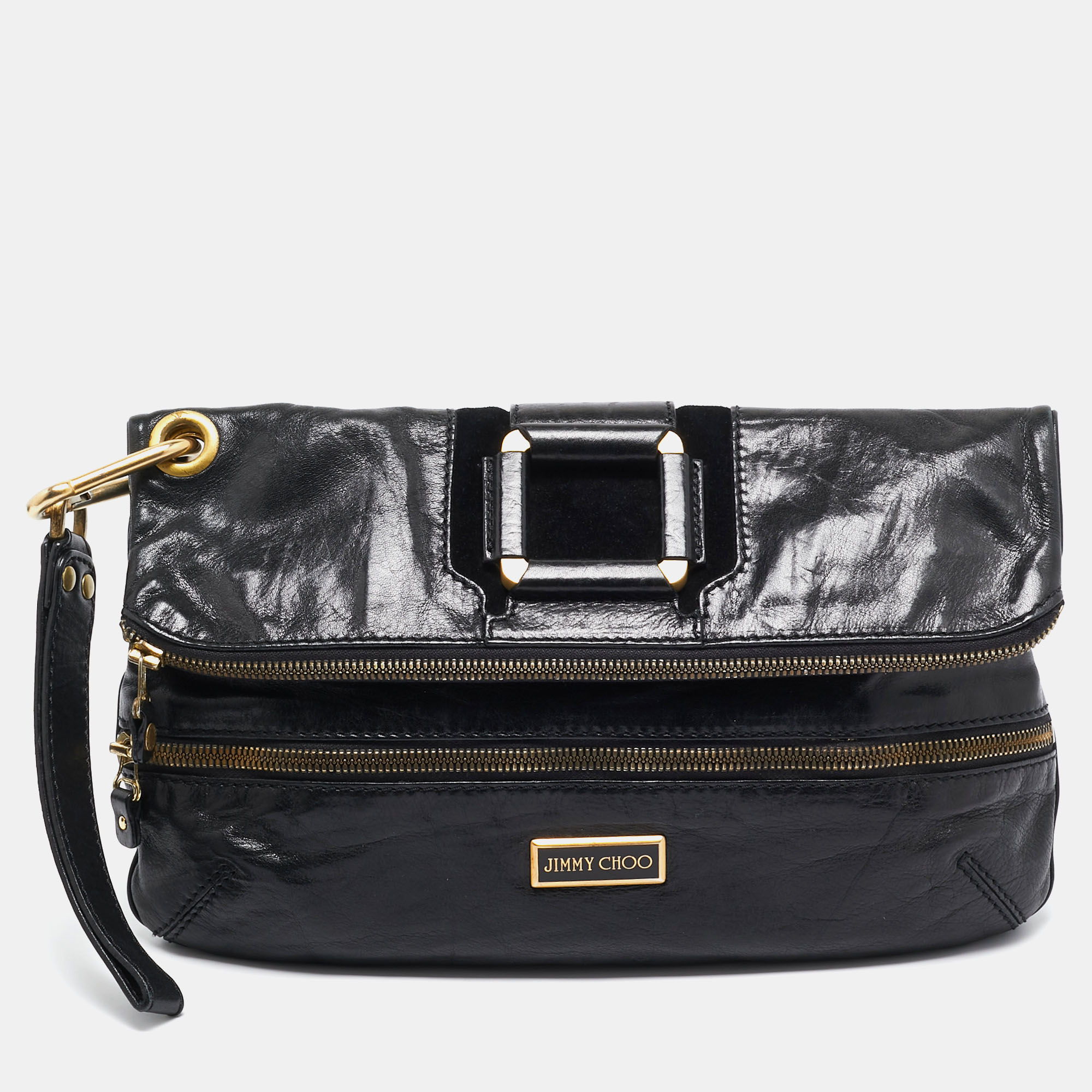 

Jimmy Choo Black Leather and Suede Mave Foldover Clutch