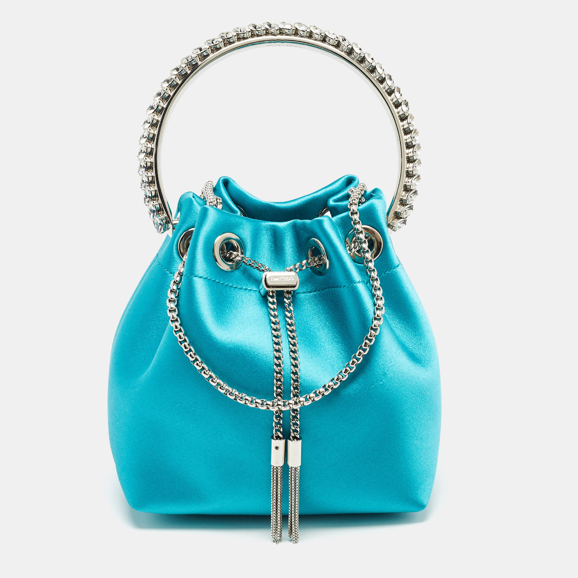 

Jimmy Choo Aqua Green Satin Crystals Bon Bon Bucket Bag