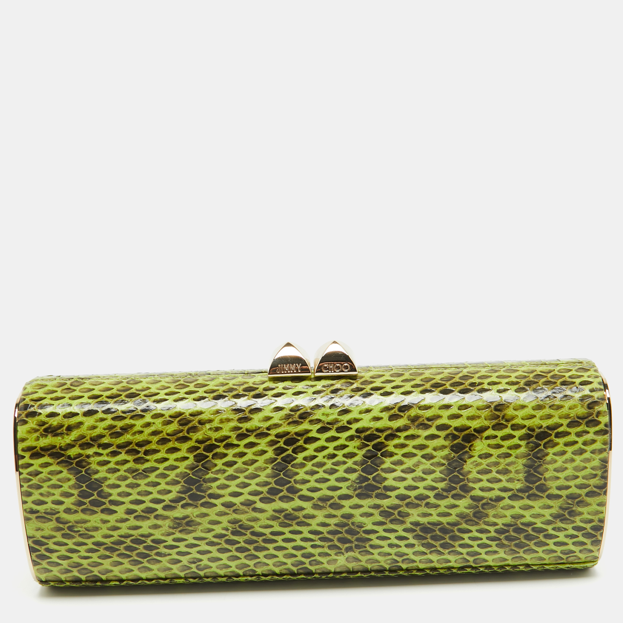 

Jimmy Choo Green/Gold Python and Leather Clasp Clutch