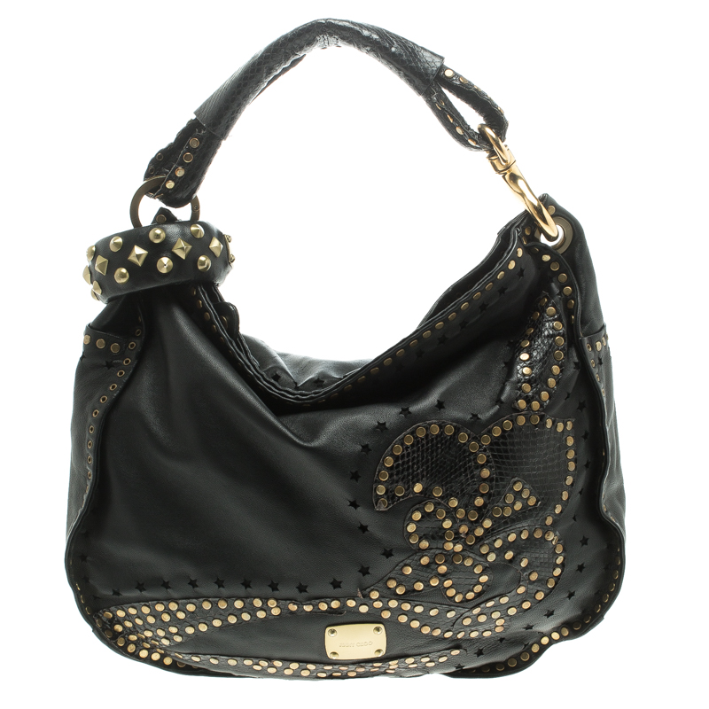 Pre Owned Jimmy Choo Black Leather Python Trim Small Studded Sky Hobo