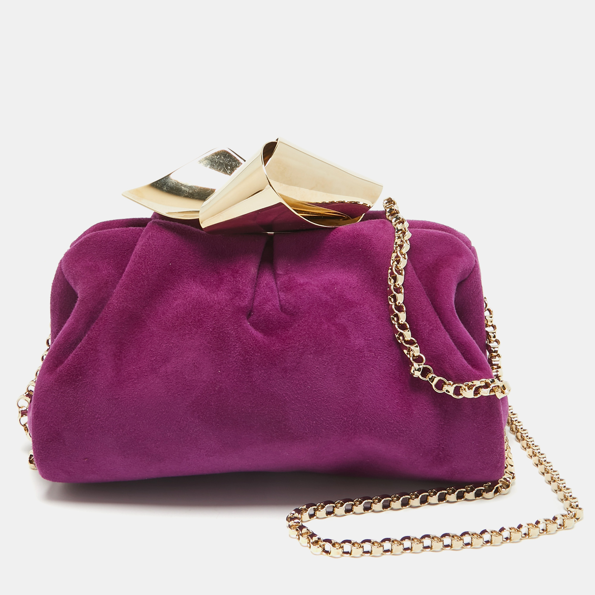 

Jimmy Choo Purple Suede Metal Knot Chain Clutch