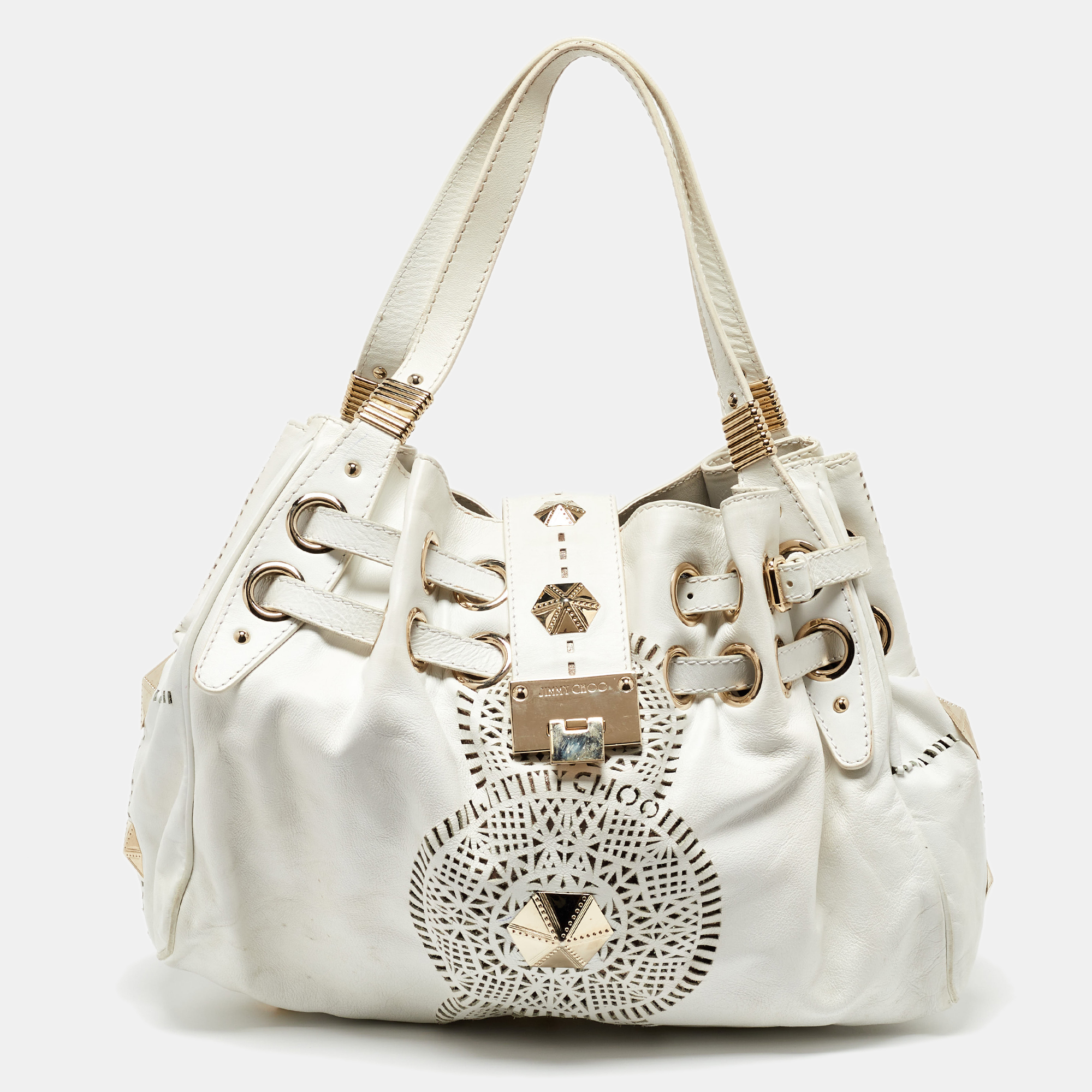 

Jimmy Choo White Leather Studded Ramona Shoulder Bag