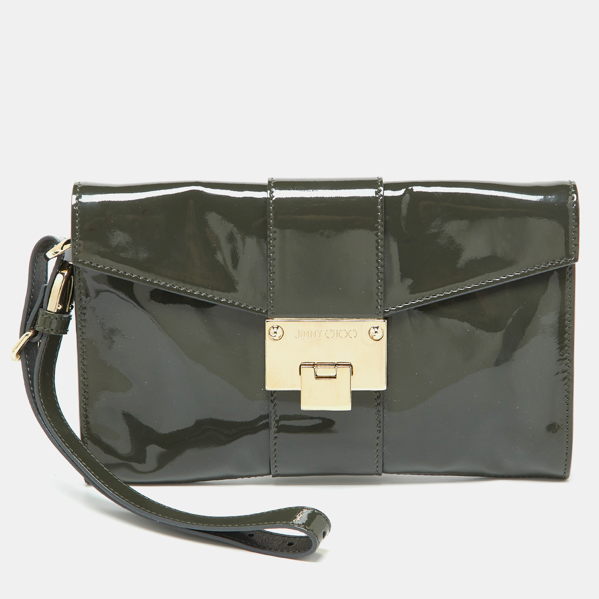 

Jimmy Choo Slate Green Patent Leather Rebel Clutch