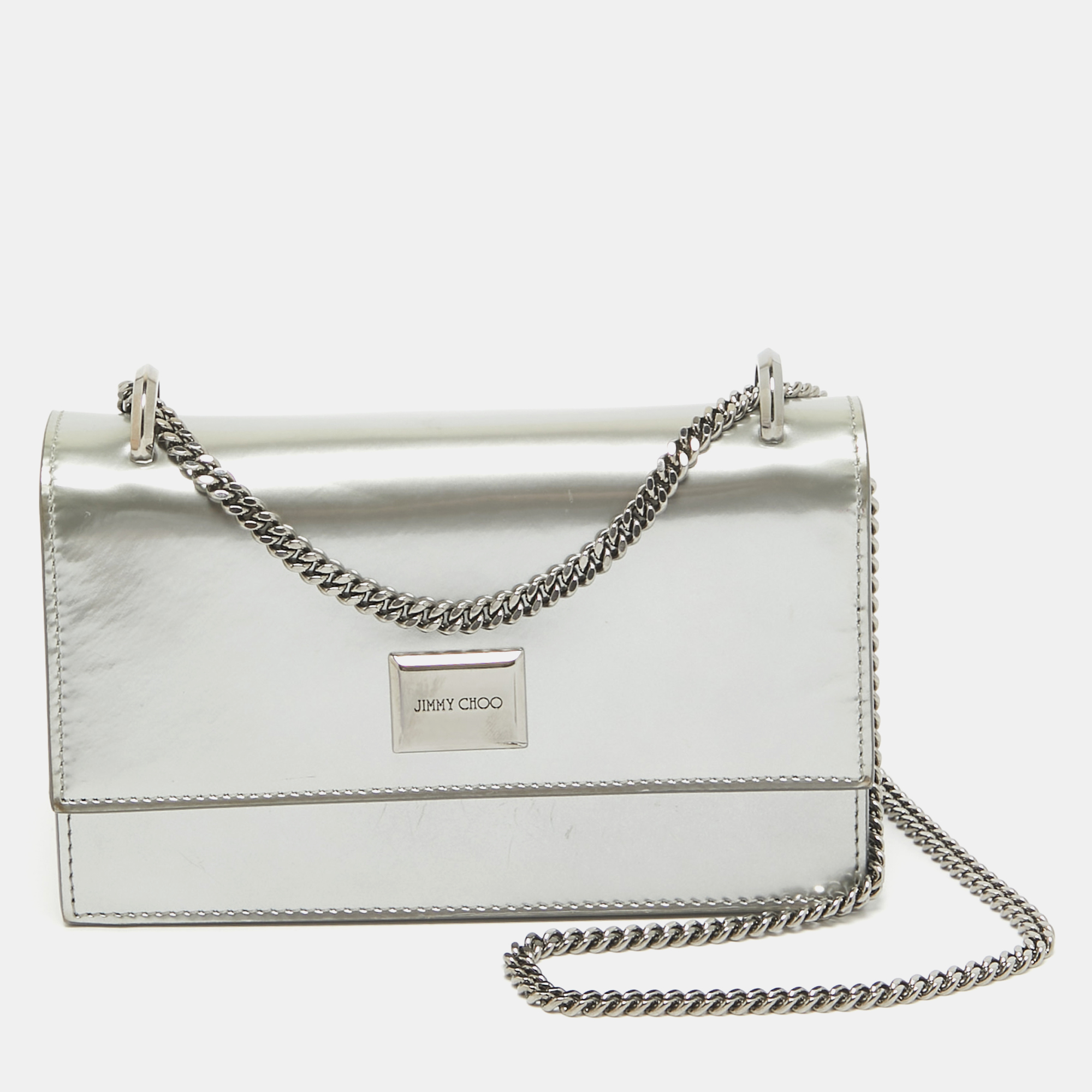 

Jimmy Choo Silver Patent Leather Leni Chain Shoulder Bag