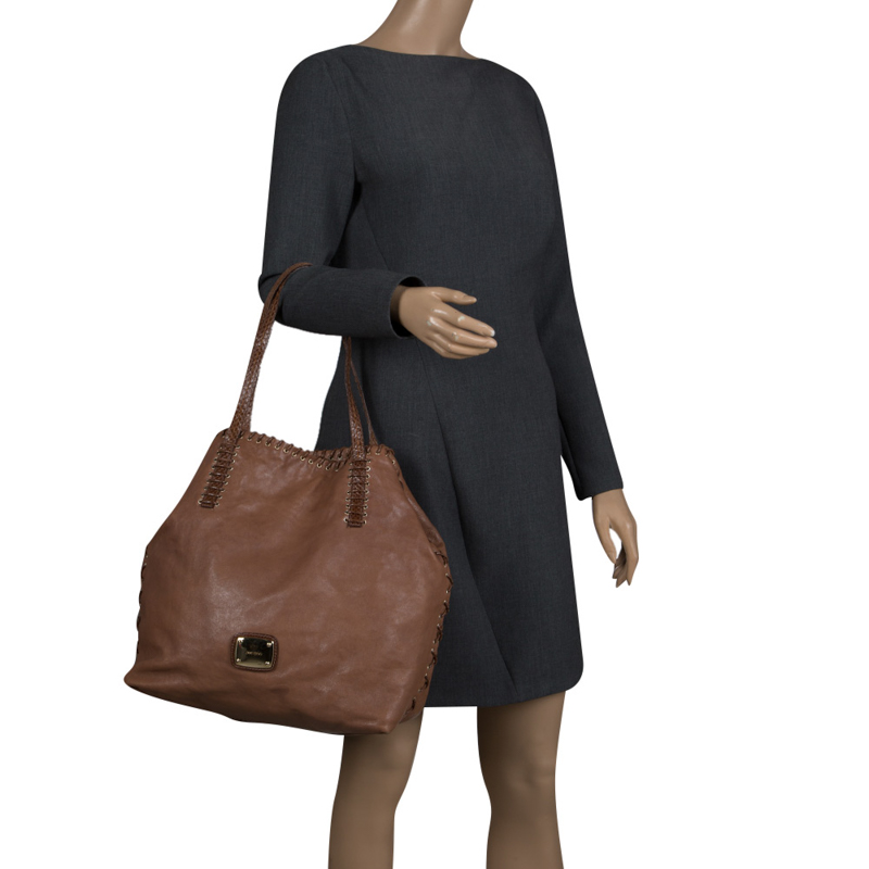 

Jimmy Choo Brown Leather Snakeskin Trim Lace Up Tote