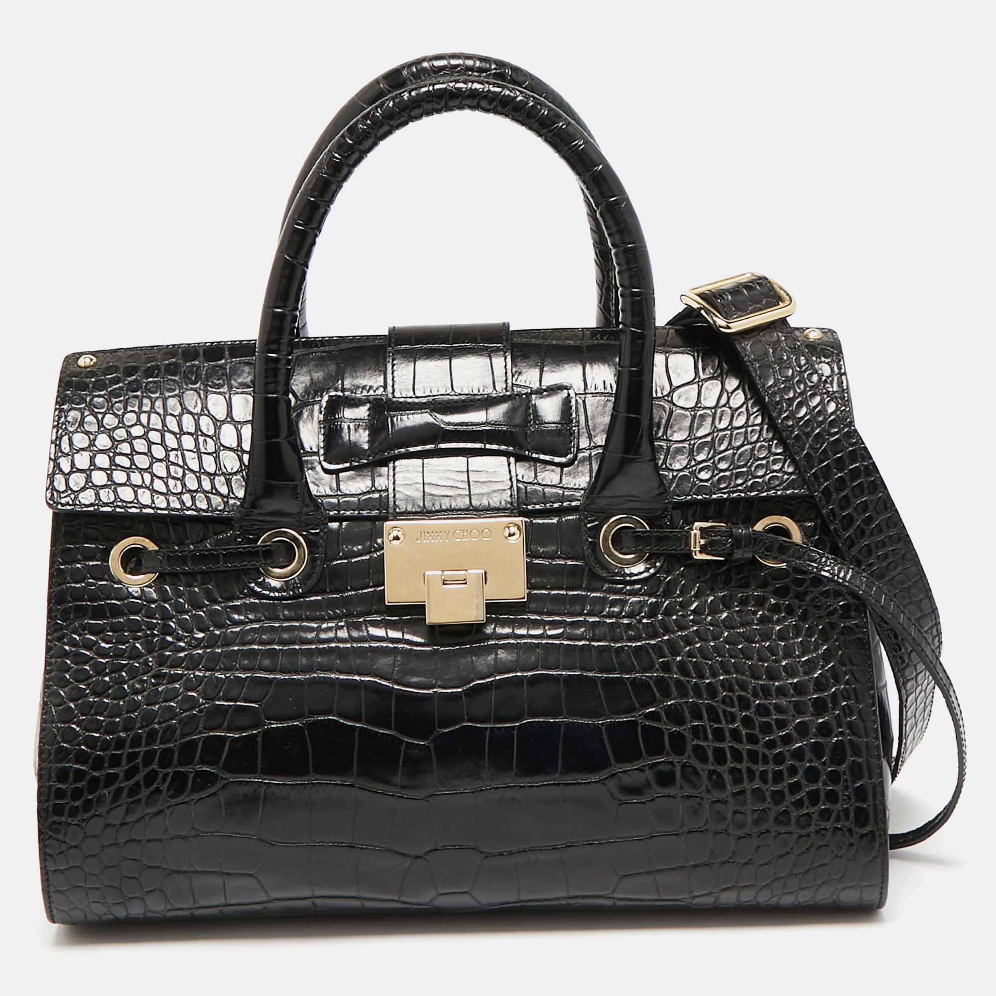 

Jimmy Choo Black Croc Embossed Leather Rosalie Top Handle Bag