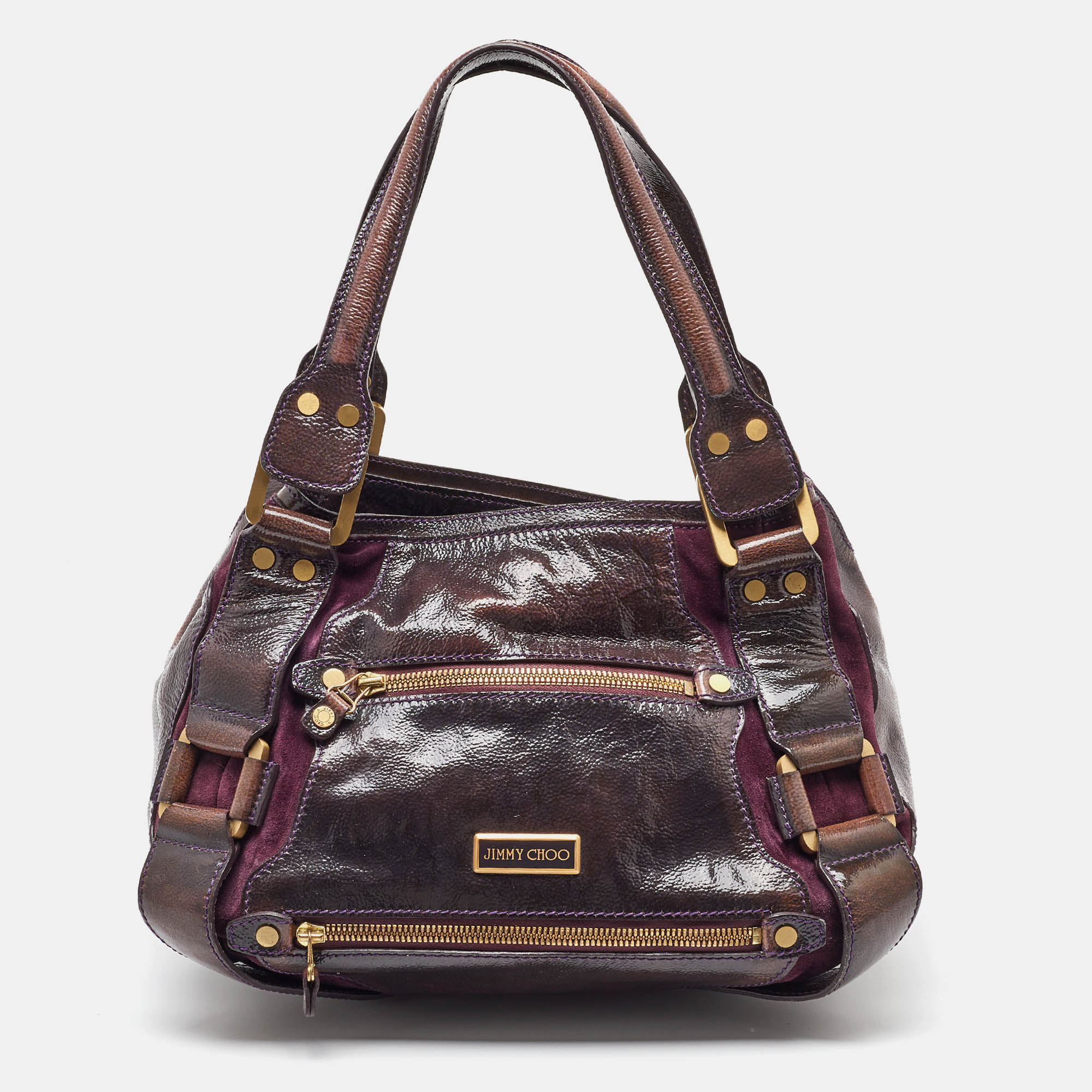 

Jimmy Choo Dark Brown/Purple Patent Leather and Suede Mahala Satchel