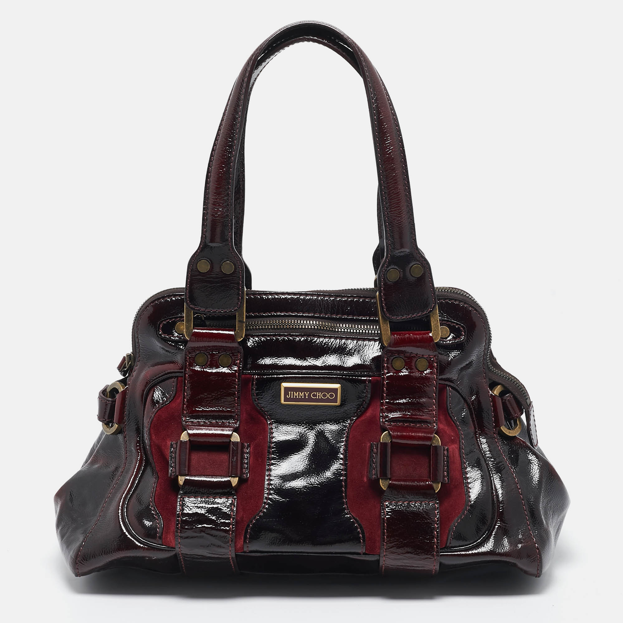 

Jimmy Choo Burgundy Patent Leather and Suede Malena Satchel