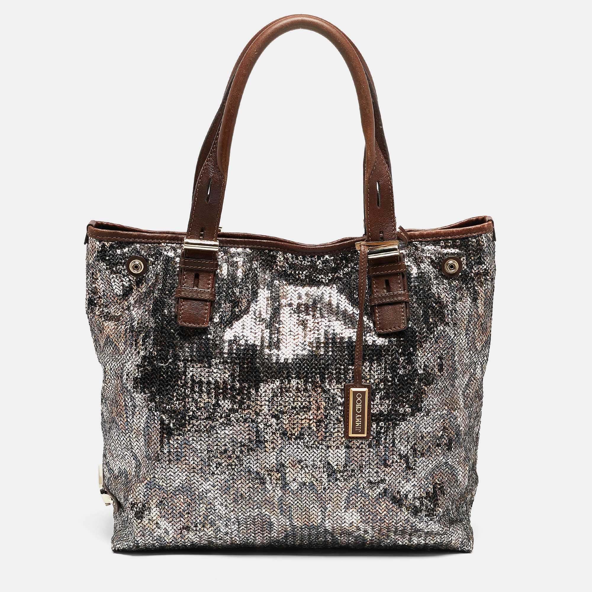 

Jimmy Choo Brown/Metallic Python Print Sequins and Leather Bea Tote