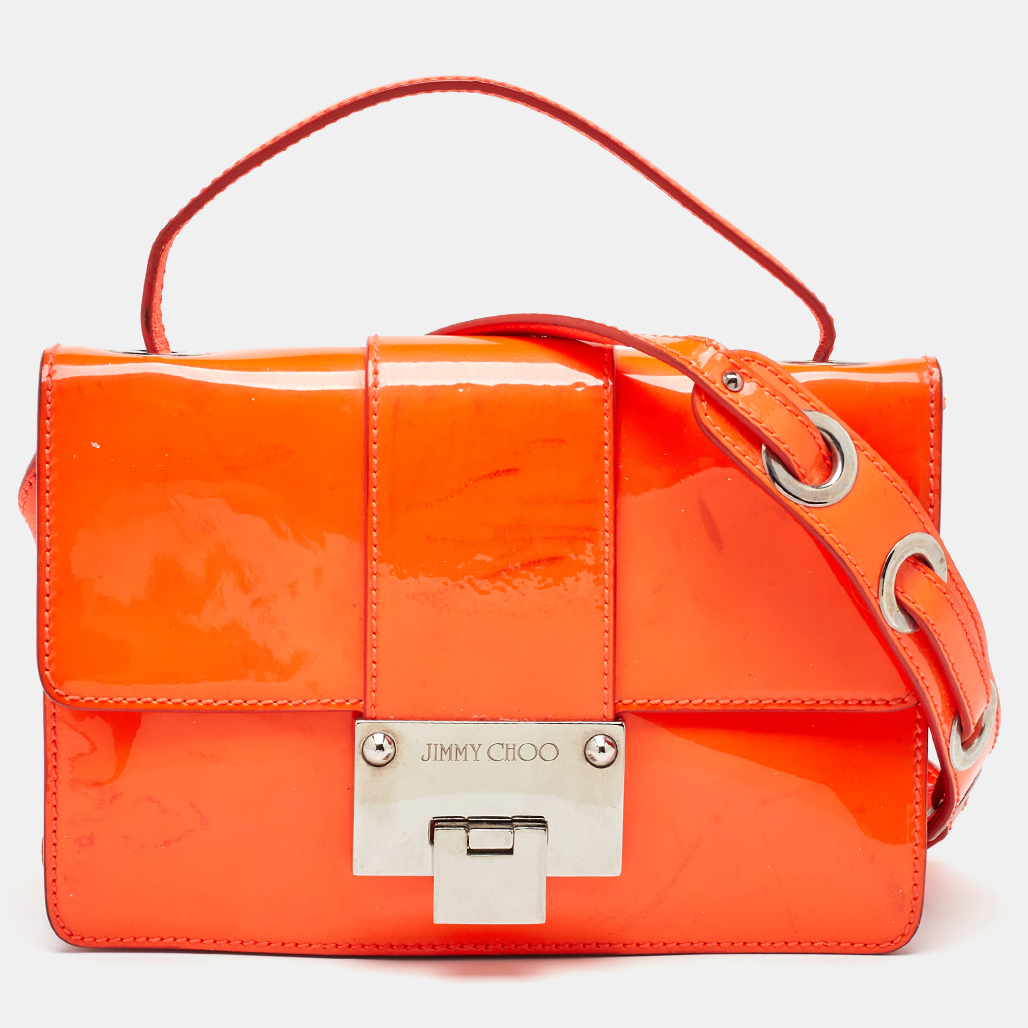 

Jimmy Choo Neon Orange Patent Leather Rebel Top Handle Bag