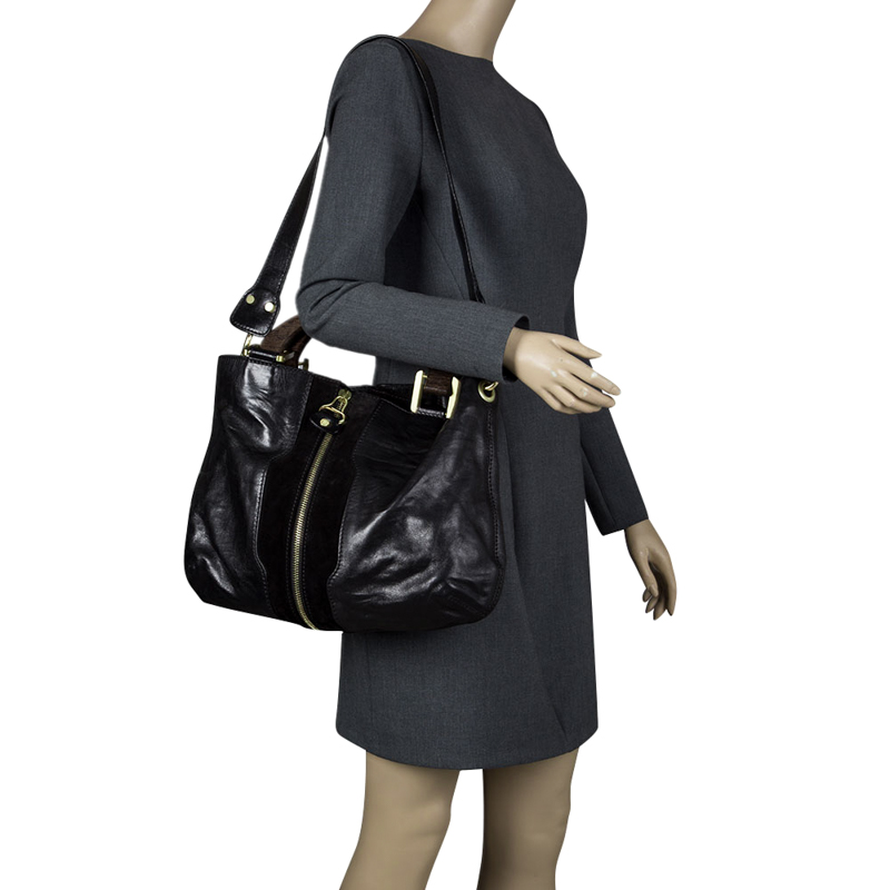 

Jimmy Choo Black Leather and Suede Expandable Maia Top Handle bag