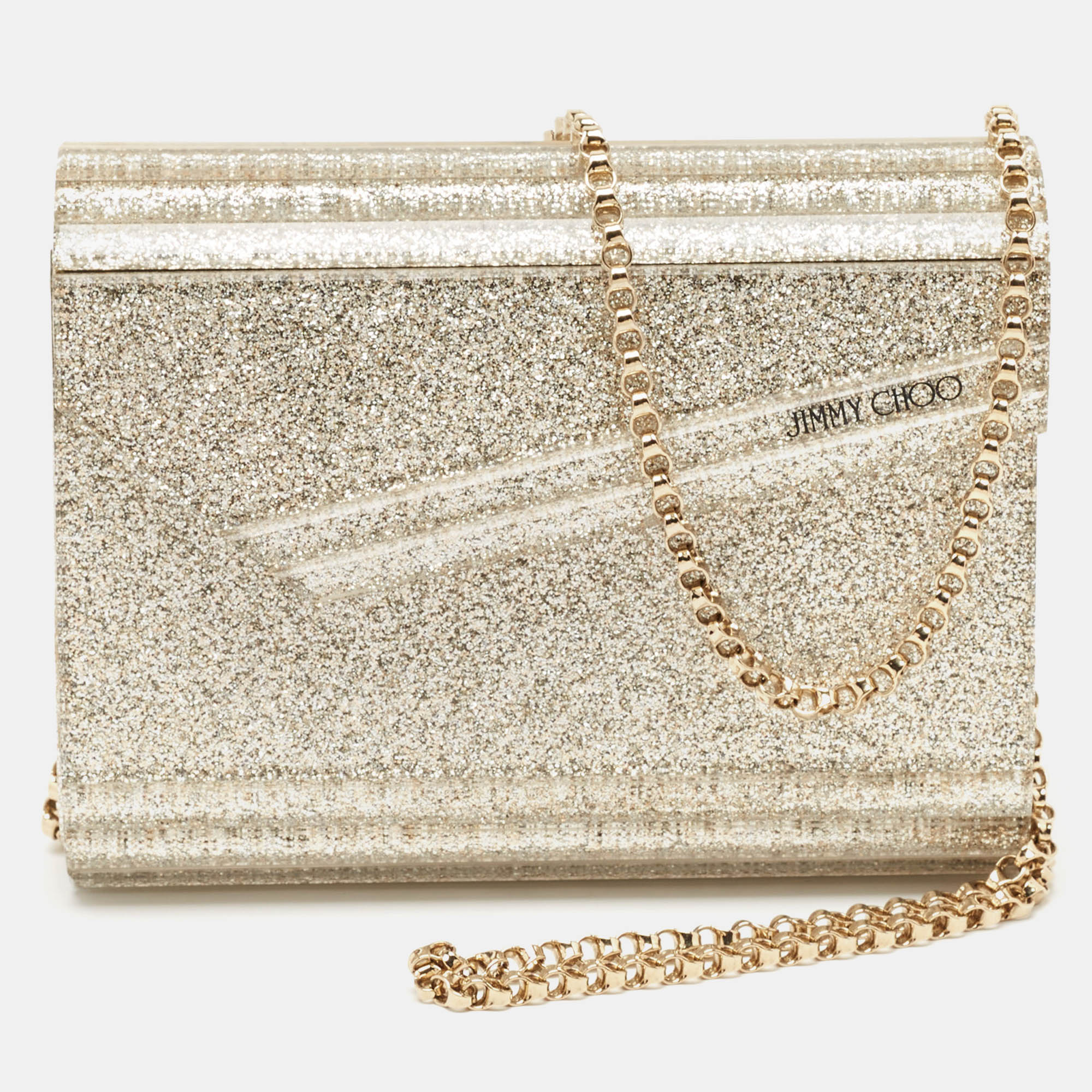 

Jimmy Choo Silver Glitter Acrylic and Leather Candy Chain Clutch