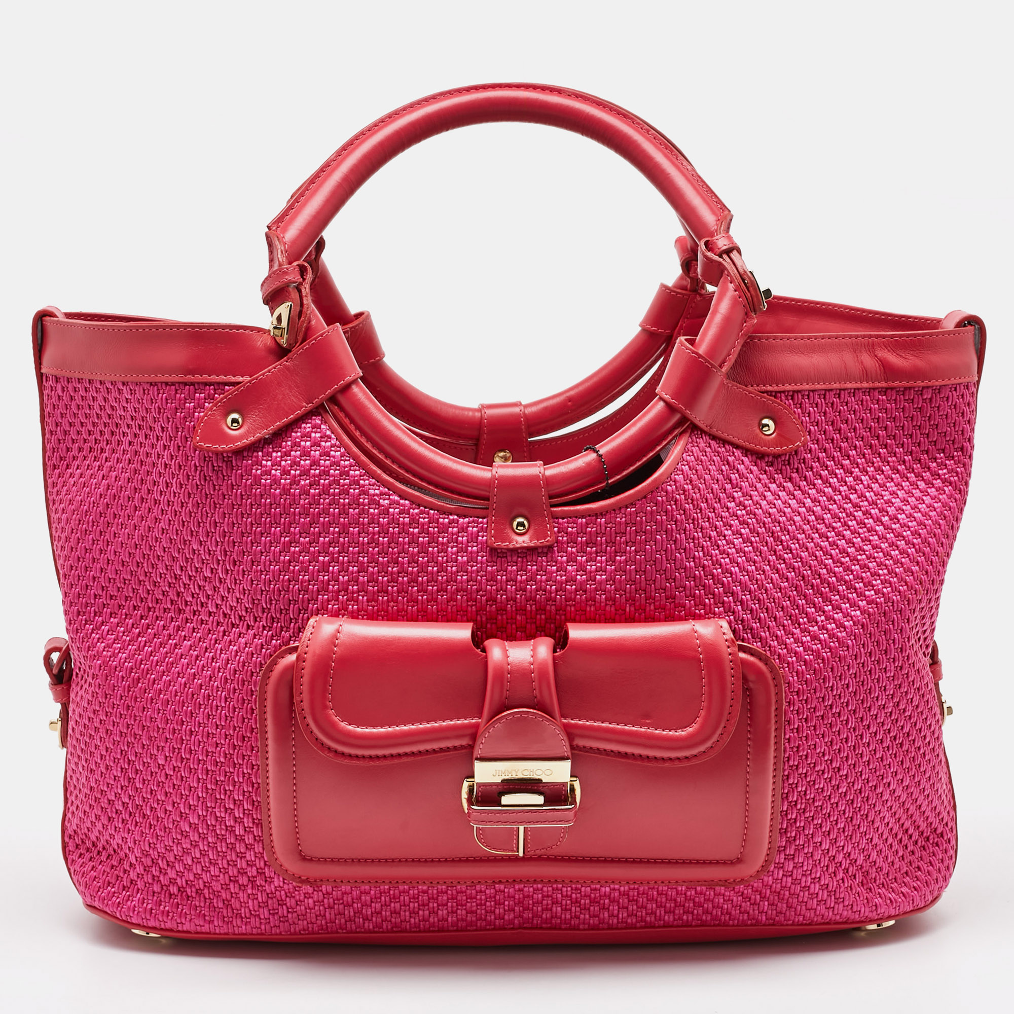 

Jimmy Choo Pink Raffia and Leather Front Pocket Tote