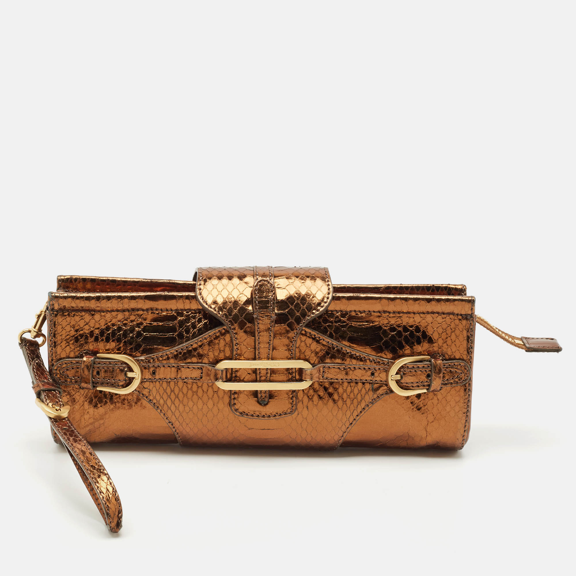 

Jimmy Choo Bronze Python Tulita Wristlet Clutch, Metallic