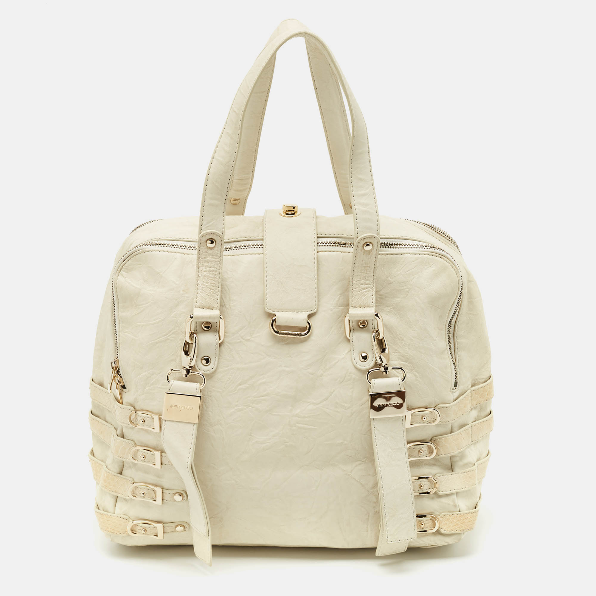 

Jimmy Choo Off White Leather and Snakeskin Trim Bree Bag