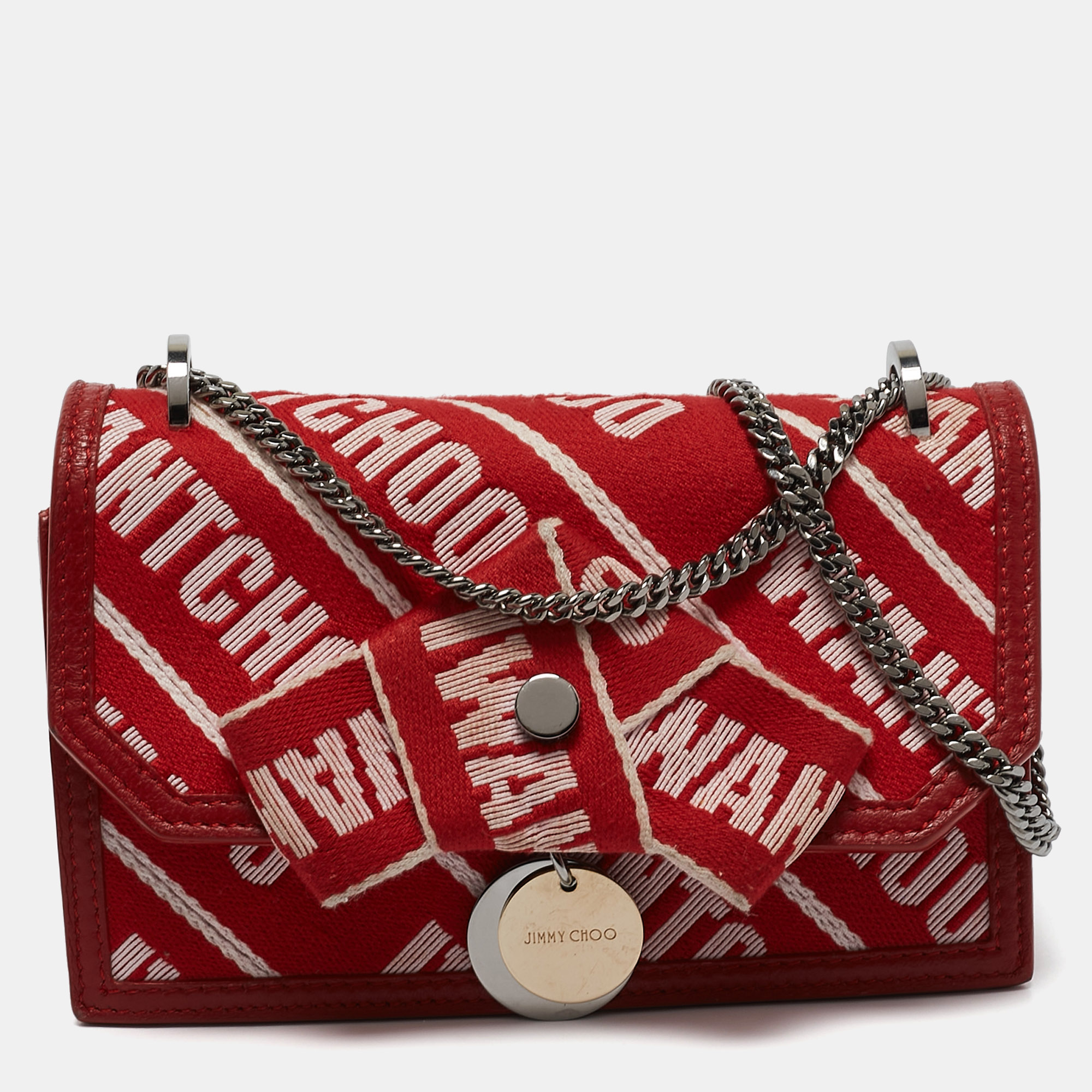 

Jimmy Choo Red Canvas and Leather Finley Logo Crossbody Bag