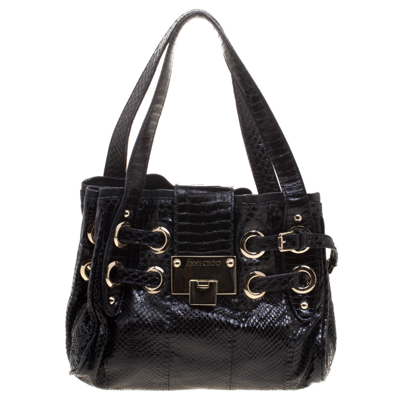 Jimmy Choo Black Python Embossed Leather Mini Riki Tote