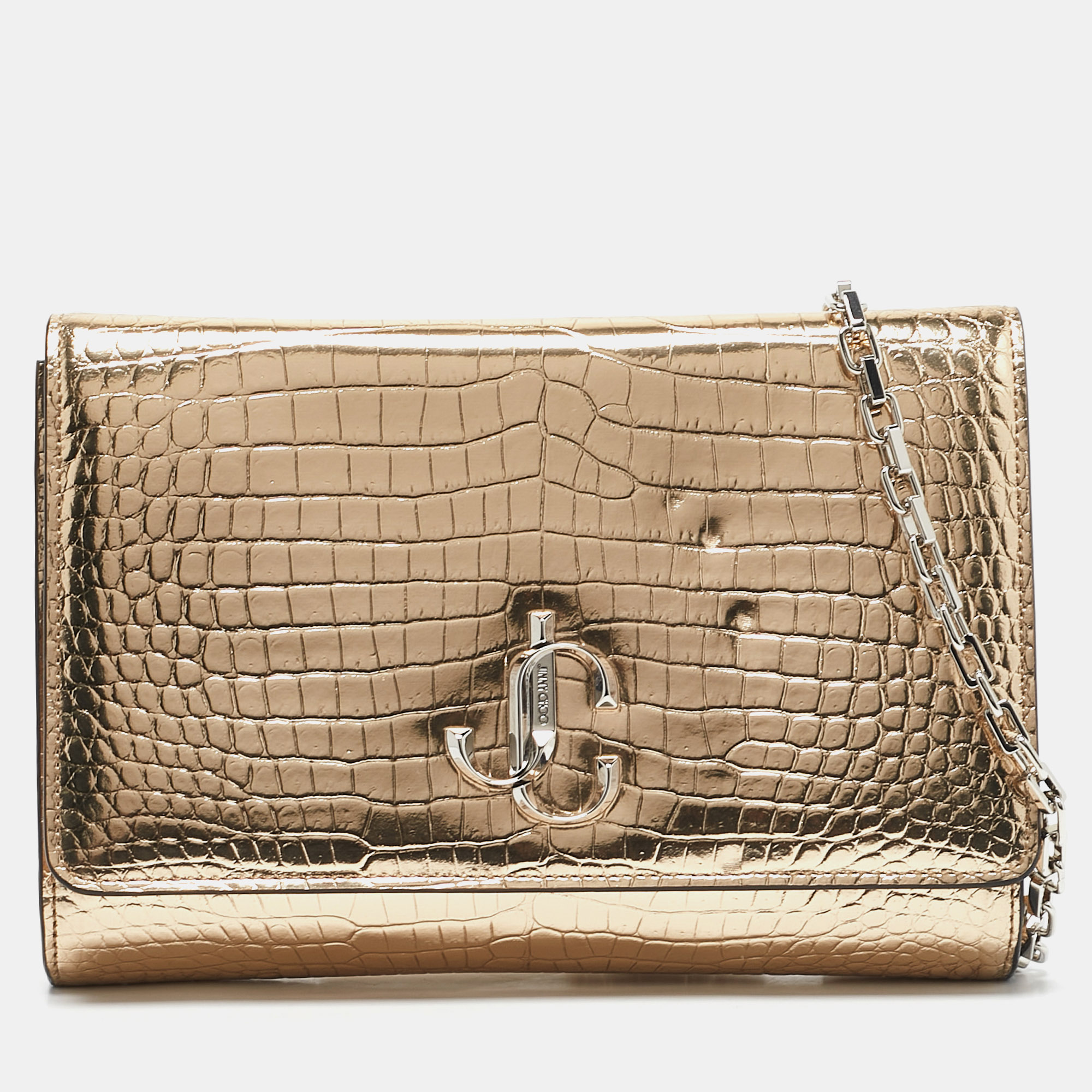 Pre-owned Jimmy Choo Gold Croc Embossed Leather Varenne Chain Clutch
