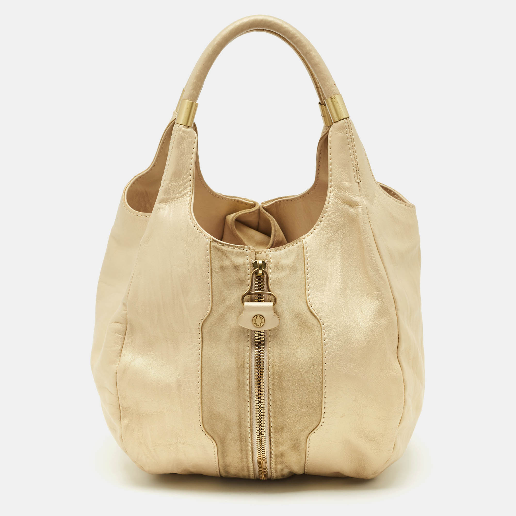

Jimmy Choo Beige/Gold Leather and Suede Mandah Expandable Hobo