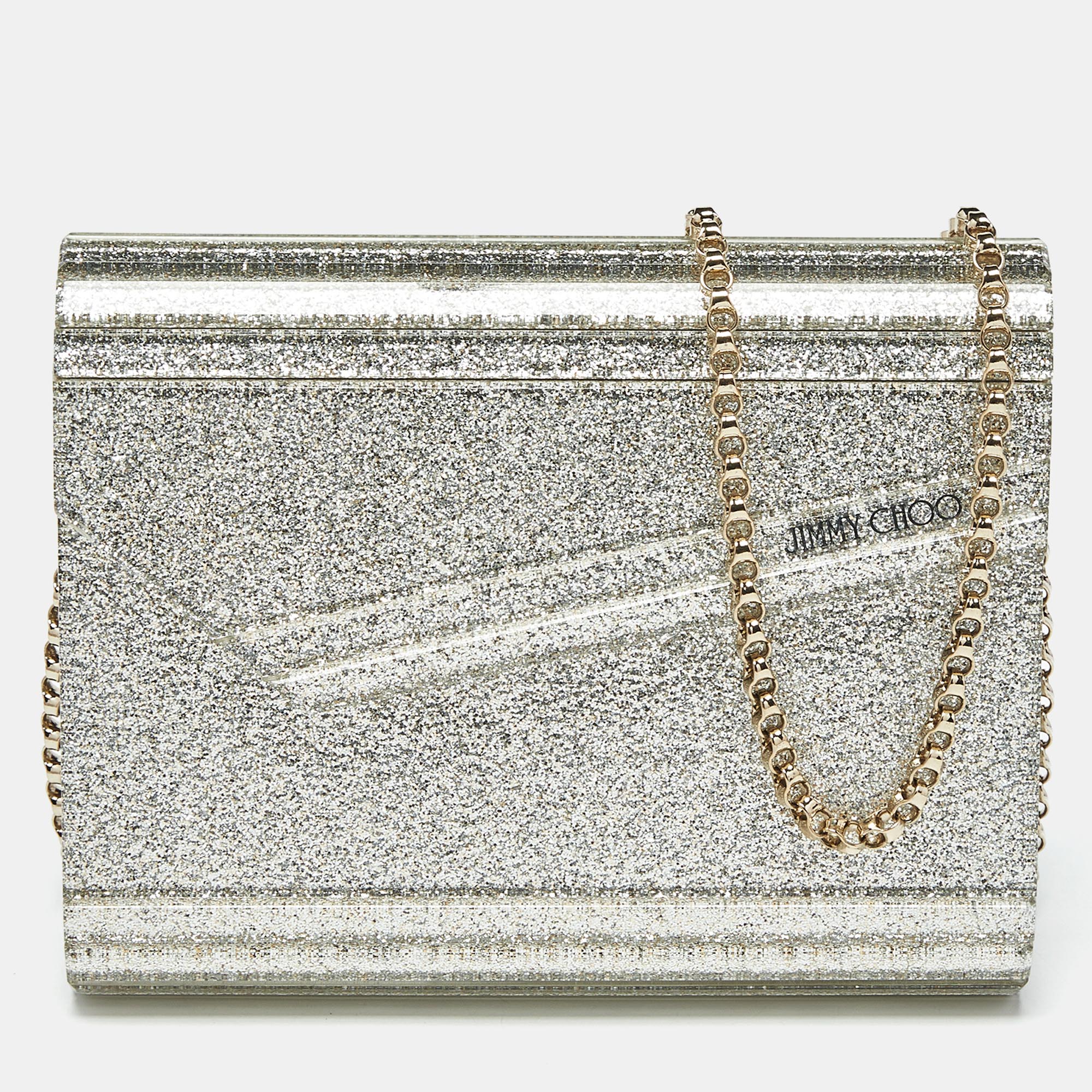 

Jimmy Choo Silver Glitter Acrylic and Leather Candy Chain Clutch