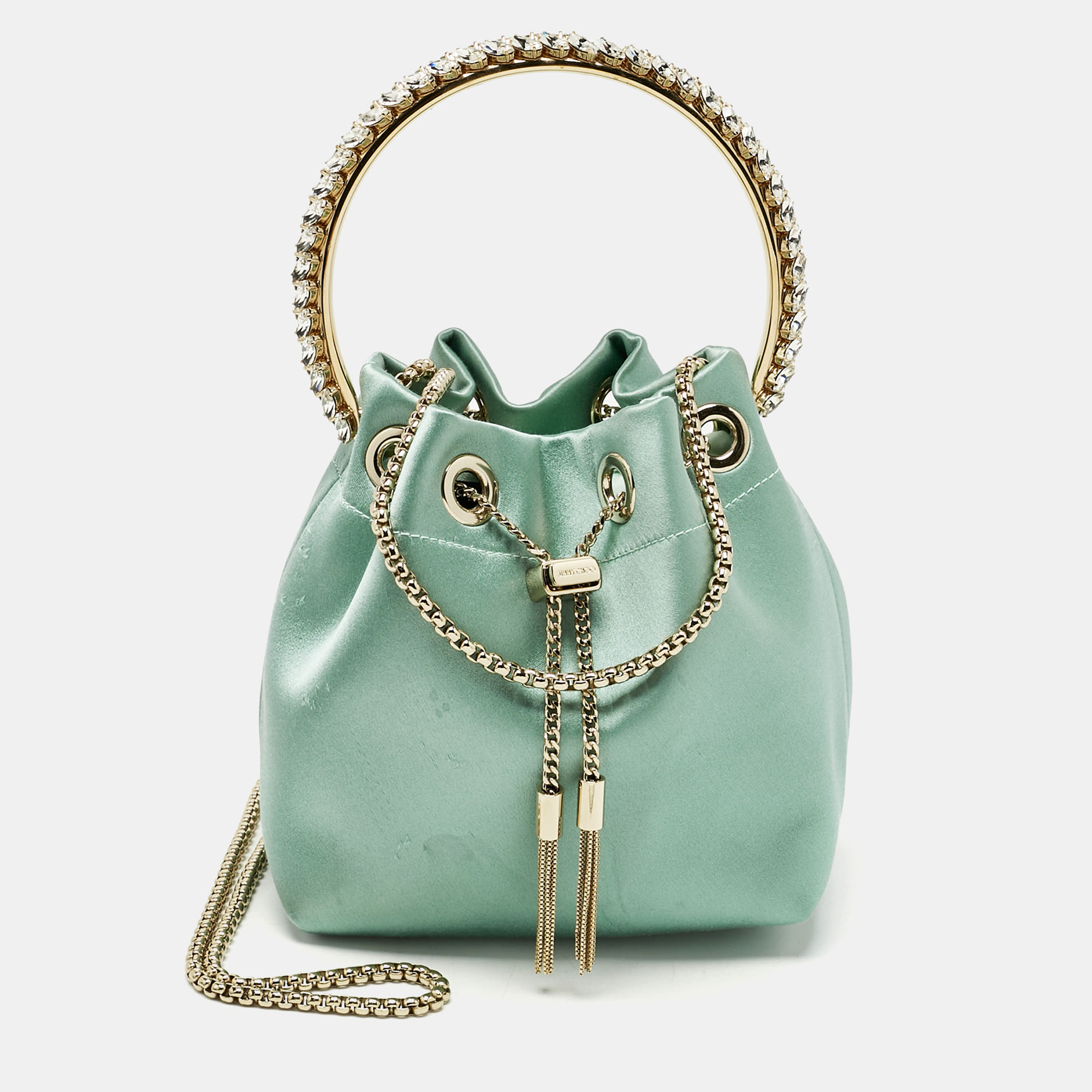 

Jimmy Choo Mint Green Satin Crystals Bon Bon Bucket Bag
