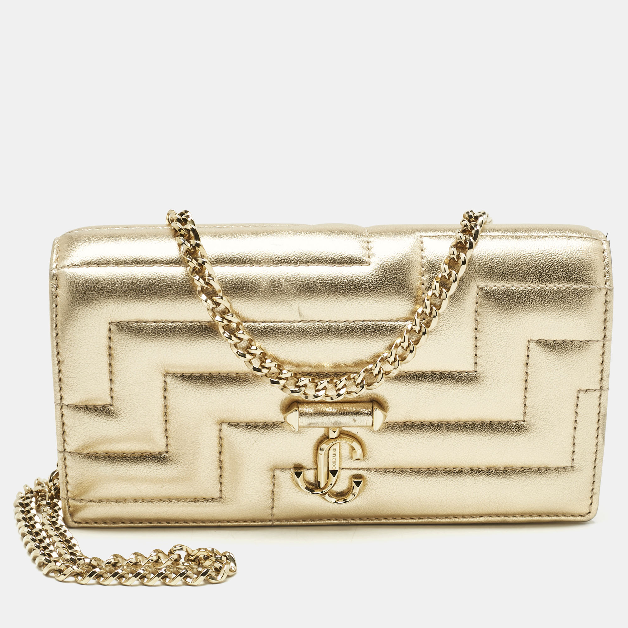

Jimmy Choo Gold Quilted Leather Avenue Wallet On Chain
