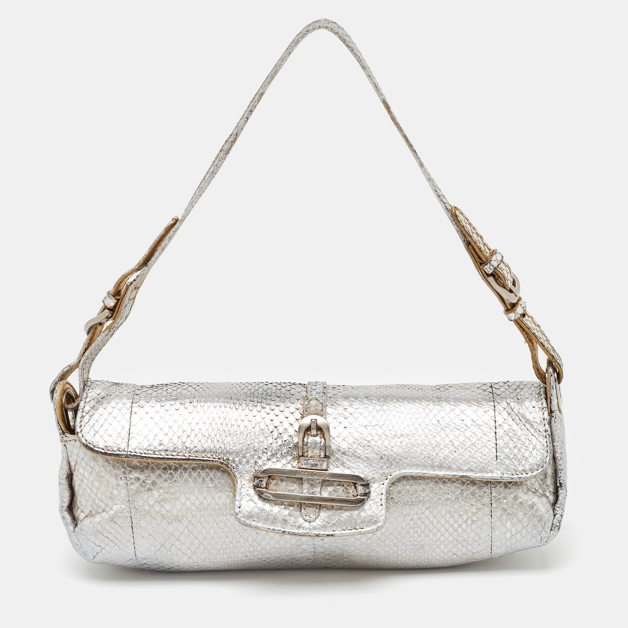 

Jimmy Choo Metallic Silver Python Tulita Baguette Bag