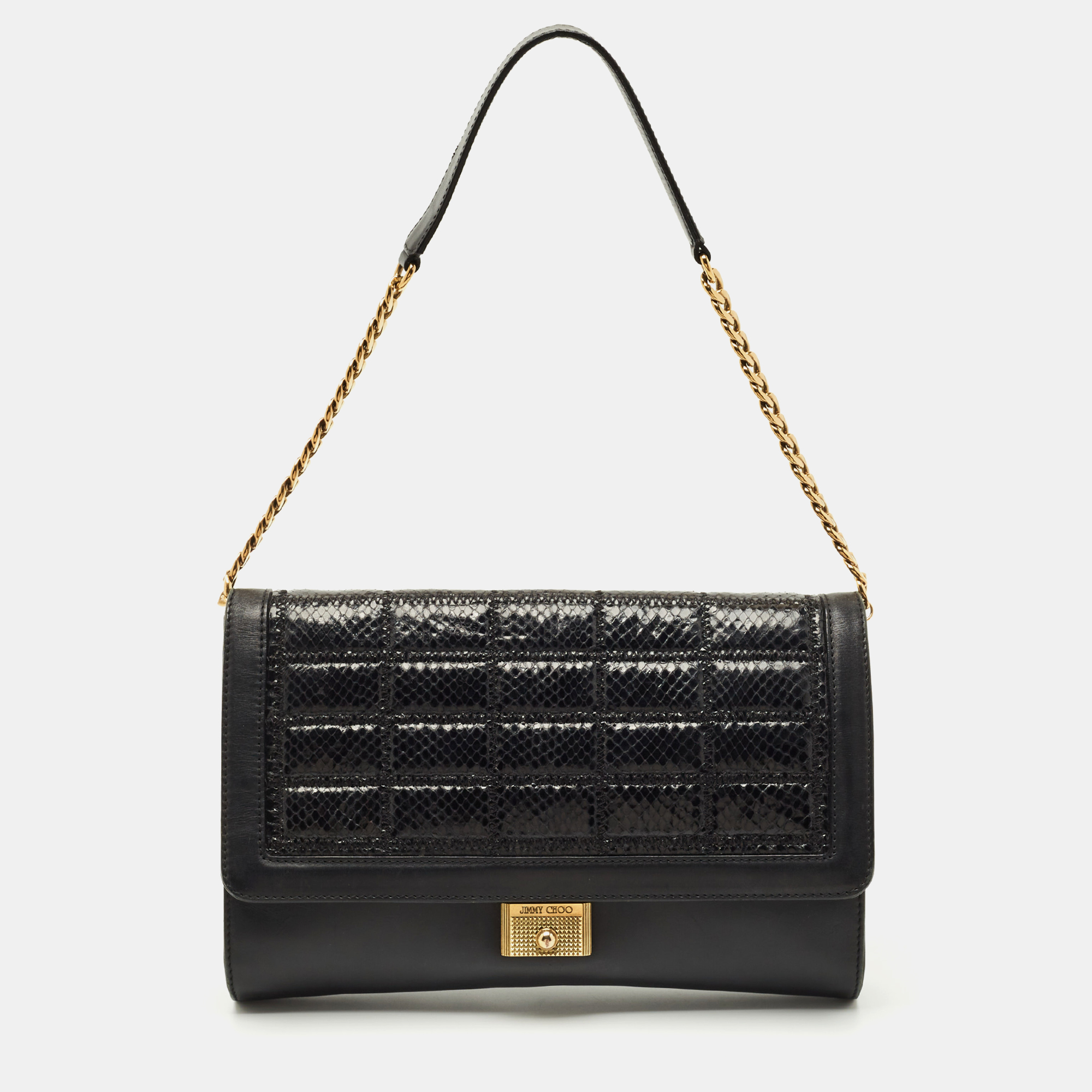 Pre-owned Jimmy Choo Black Leather And Snakeskin Cassie Shoulder Bag